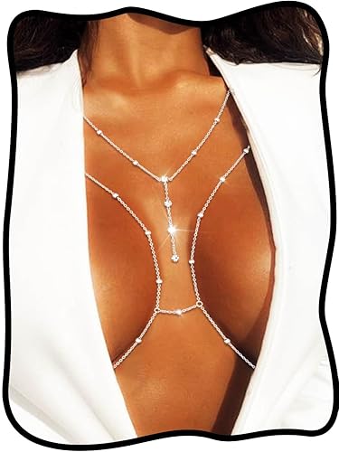 Urieo Sparkly Beads Bra Chain Silver Crystal Chest Chains Rhinestone Layered Sexy Nightclub Beach Rave Body Chain for Women - A-silver