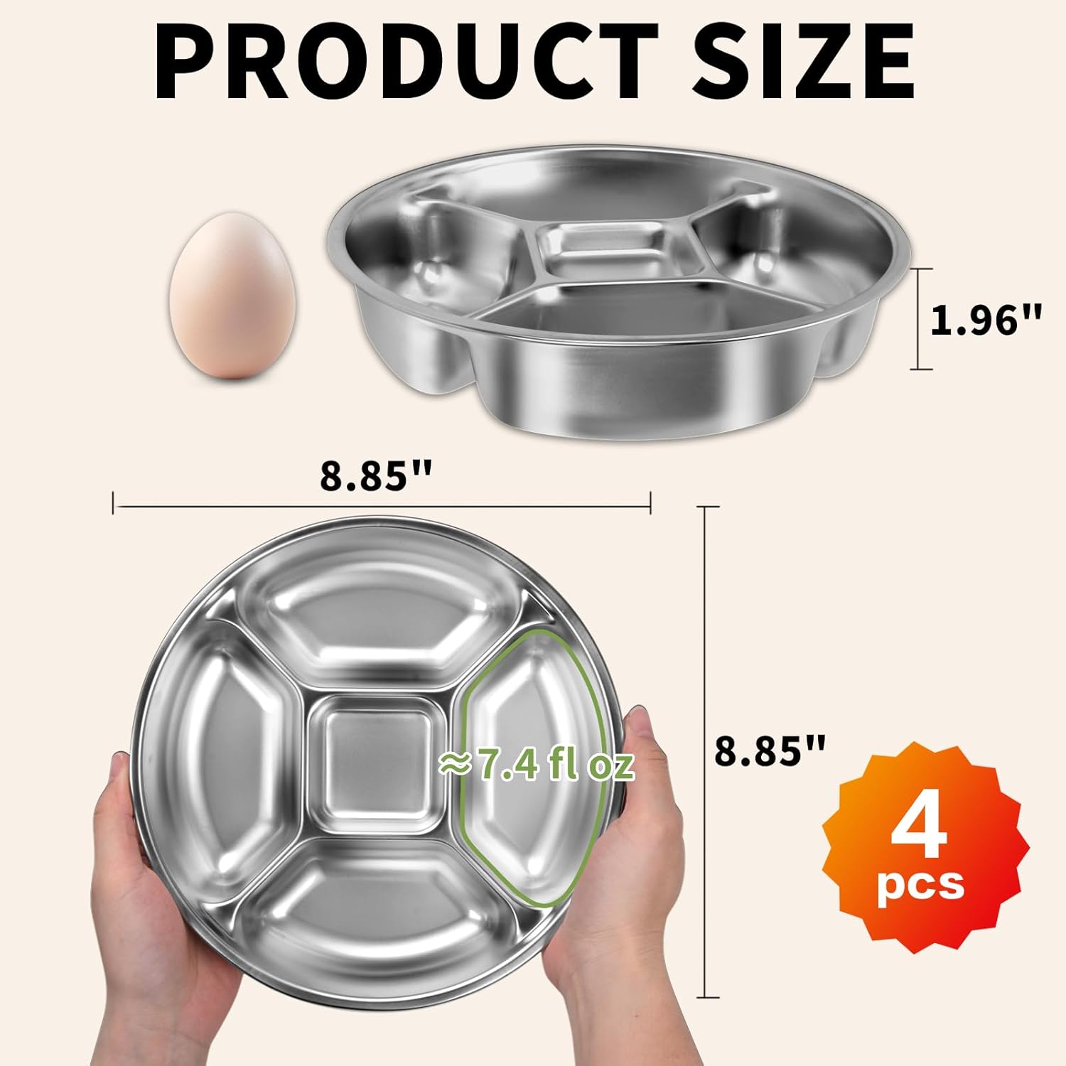 Stainless Steel Divided kids plates-4 Packs,8.5'' Portion Control Dinner Plate for Toddler/Adult,Metal Separated Lunch Dinner Tray Set Kitchen Platter Meal Prep, Work, Family, Camping Picnic Dishes