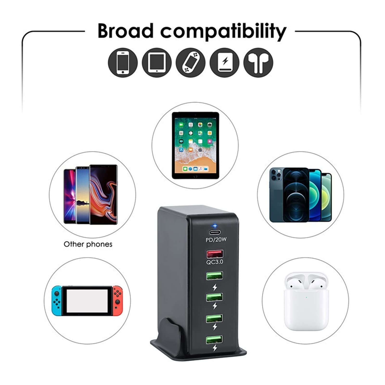 Portatile Caricatore rapido USB PD con 6 porte, stazione di ricarica Caricabatterie da parete for telefono universale compatibile con cellulare, tablet e altro(B)