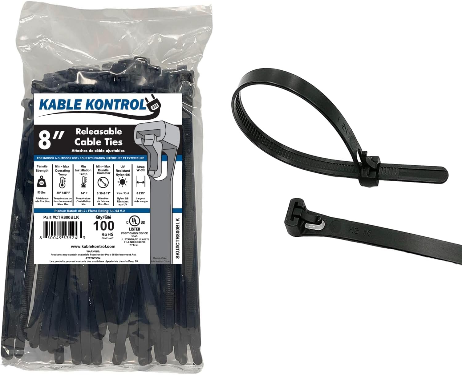Kable Kontrol Reusable Cable Zip Ties 8 Inch 100 Pcs Black, 50 Lbs Tensile Strength, Self-Locking, Multipurpose Trigger Releasable & Adjustable Nylon Plastic cord wraps for indoor & Outdoor use