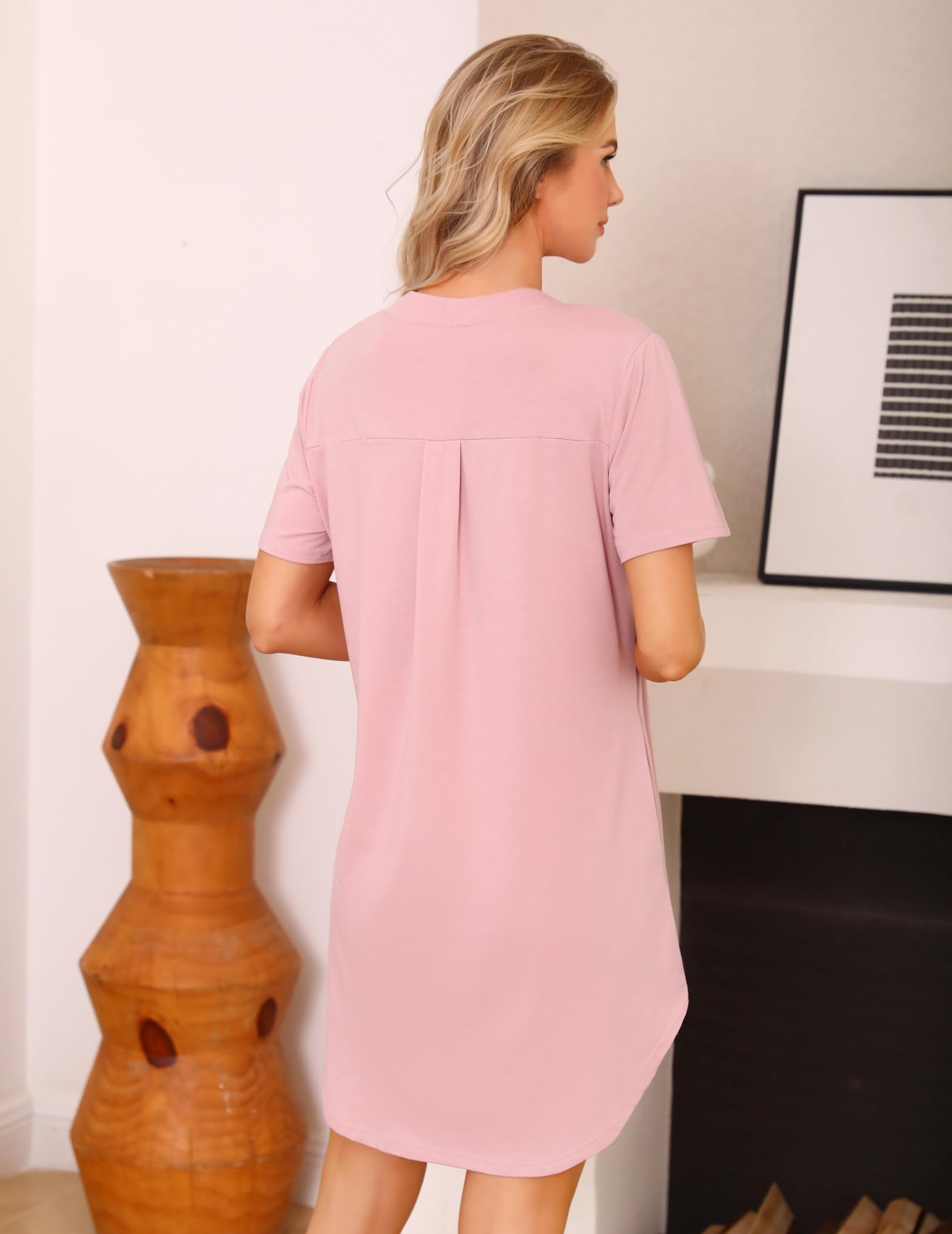 Lovasy Camicia da Notte Donna in Cotone Manica Corta Scollo a V Sexy Sottoveste Curvy con Bottoni Davanti Abito da Notte Estiva con Tasche