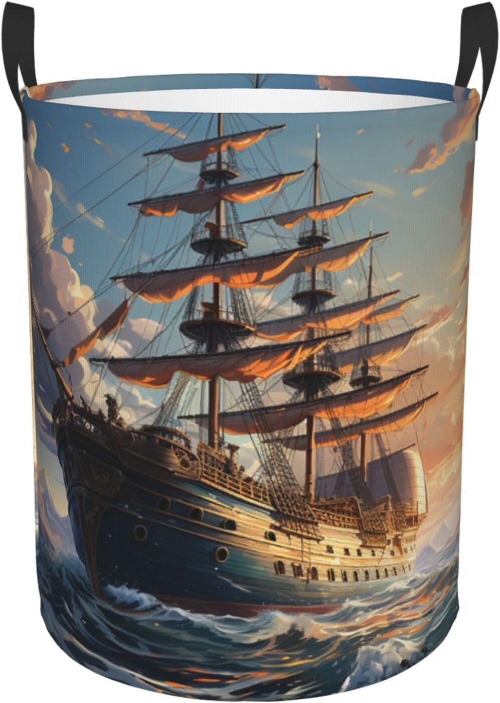 Retro ship Laundry Basket With Handles, Foldable Laundry Hamper Oxford Cloth Dirty Clothes Basket Waterproof Clothes Toys Storage Bin Organizer for Bedroom Bathroom Dorm
