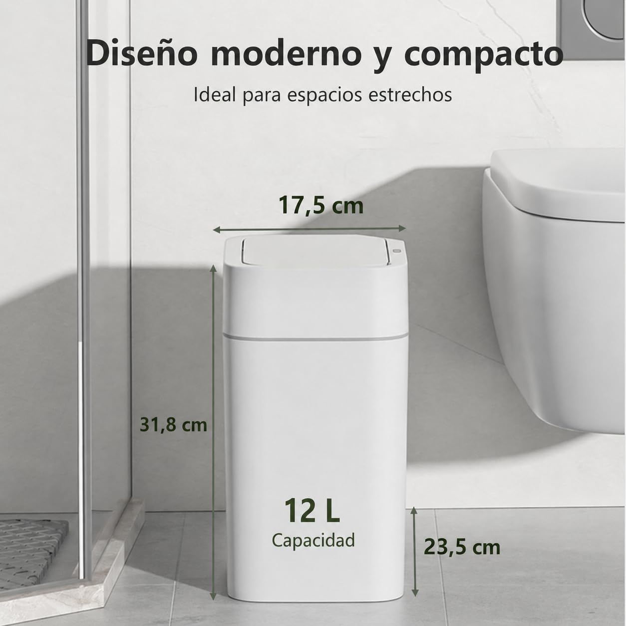 Cubo de basura automático de 12 l con sensor – Cubo de basura eléctrico con tapa para cocina, baño, inodoro – Resistente al agua y a los olores, diseño exclusivo de esquinas en blanco