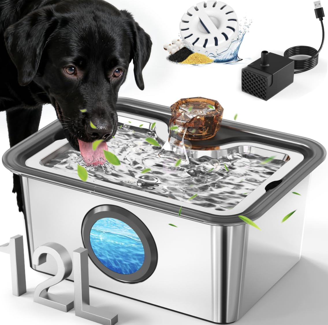 Stainless Steel Dog Water Fountain: 3-Gal Large Capacity, Ultra Quiet with Filter for Fresh Flow Water | Perfect for Large Breed Dogs& Multi-Pet Homes, 2m Long Power Cord for Indoor and Outdoor Use
