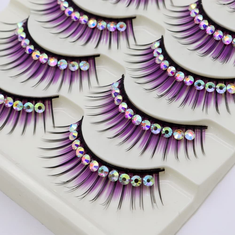 LSTHK 5 works 3D Fluffy False Eyelashes - Natural Look, Colourful, Hotfix Rhinestone Purple for Work Dating, Party, Cosplay