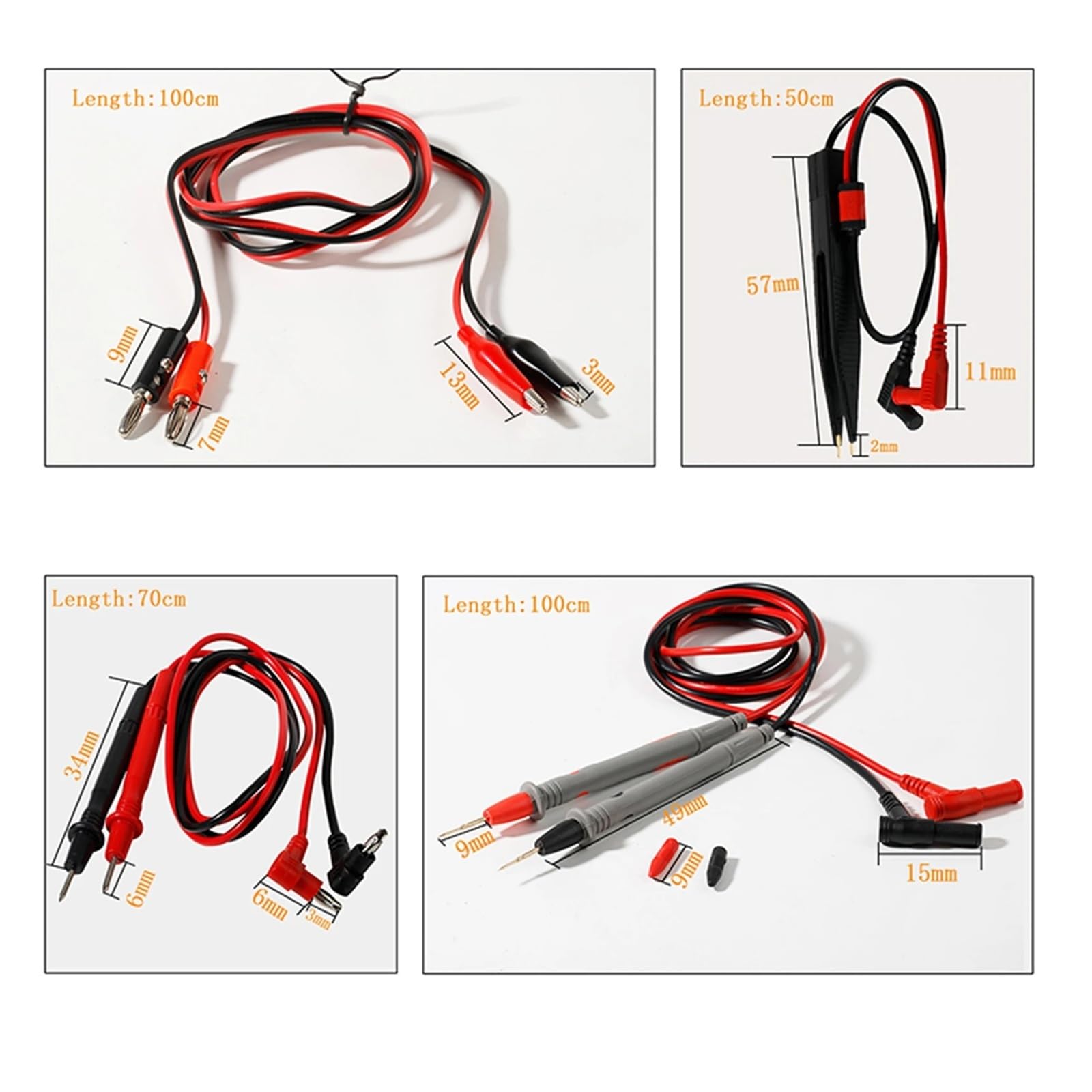 2 cables de 1 m de prueba de clip de banana a cocodrilo, 15 A, 1000 V (test-04)