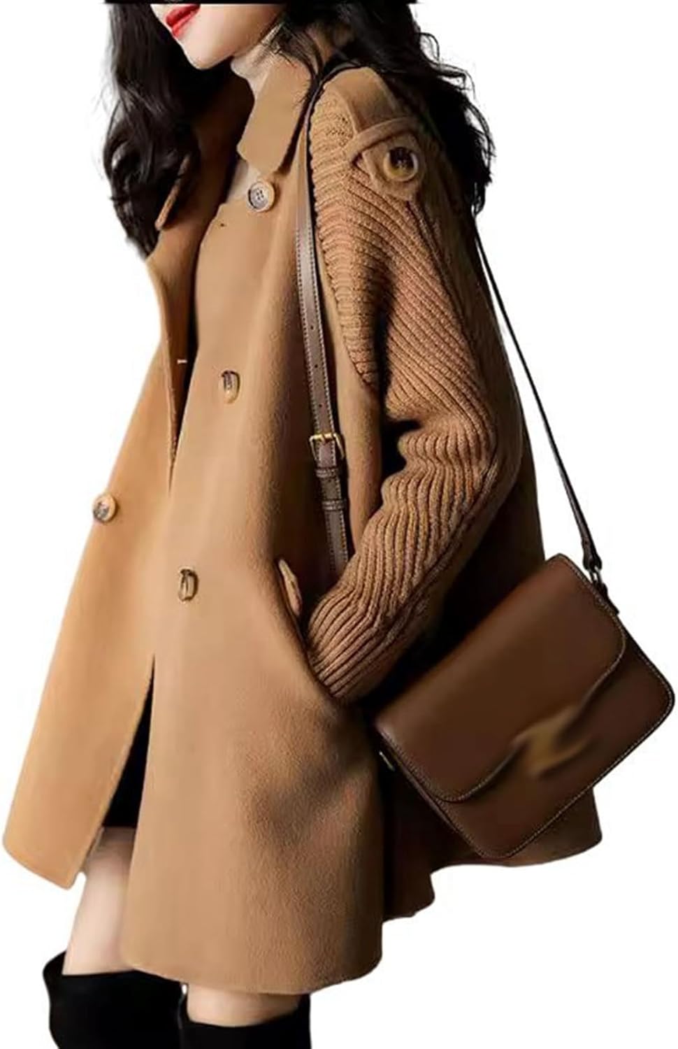 [WOOYOO] ラシャコート レディース Aライン ニットパッチワーク ミドル丈 ミモレ丈 ジャケット 秋冬着 カジュアル 体型カ