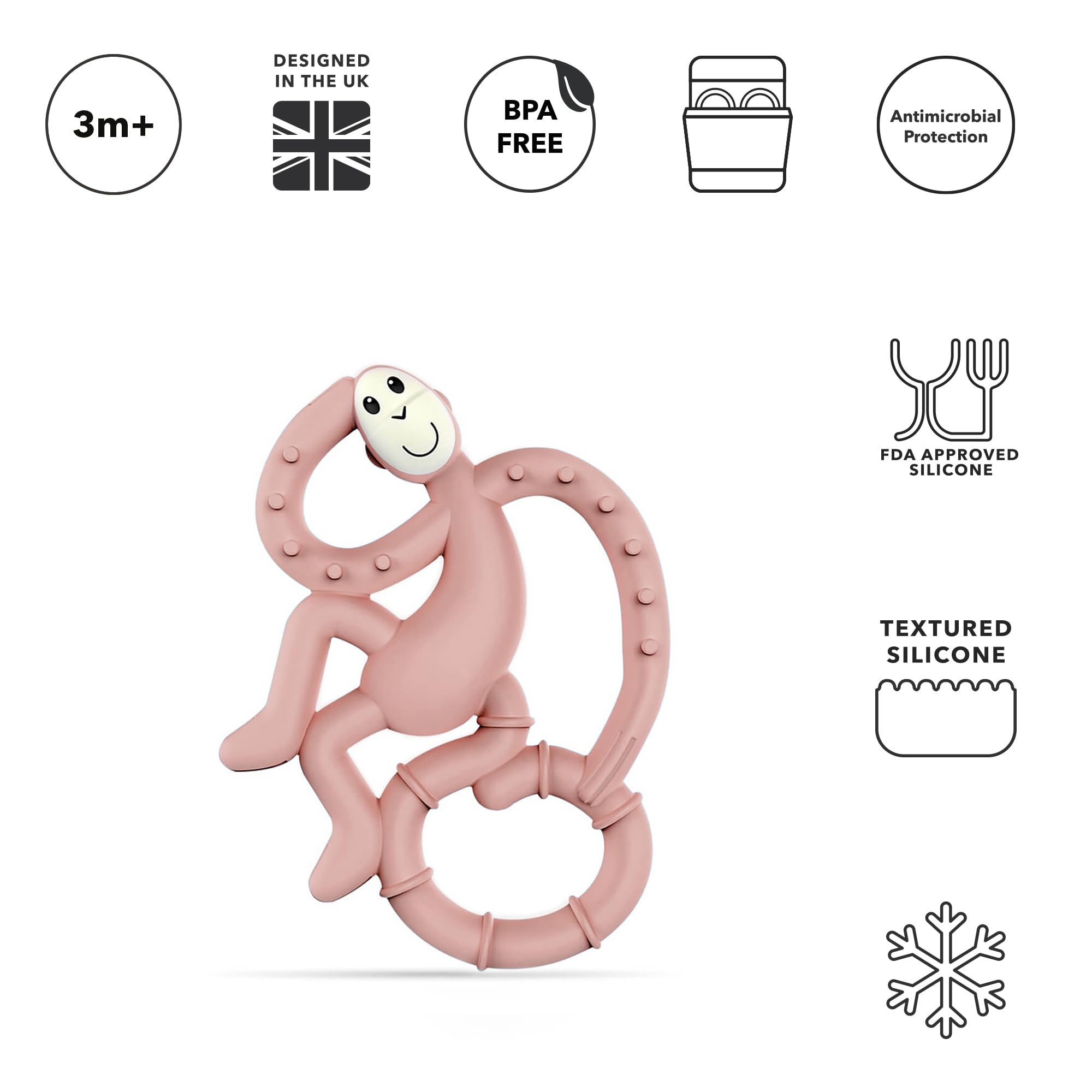 Matchstick Monkey, Antimicrobial Silicone Teether, Easy to Grip, BPA Free, 3 Months Old Plus, 10 cm, Dusty Pink Mini Monkey - Image 2