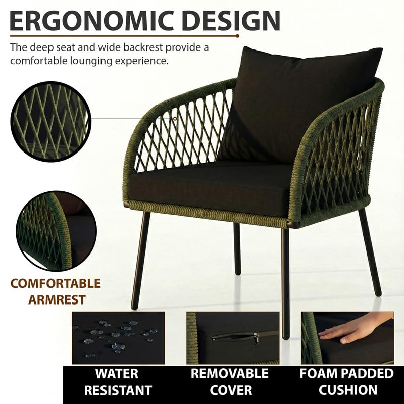 Image of OUTLIVING Braid Rope & Metal Frame Outdoor 4-Seater Sofa Set with Tempered Glass Top Center Table, Water-Repellent Cushions & Handwoven Design for Patio, Garden and Balcony (Green and Black)