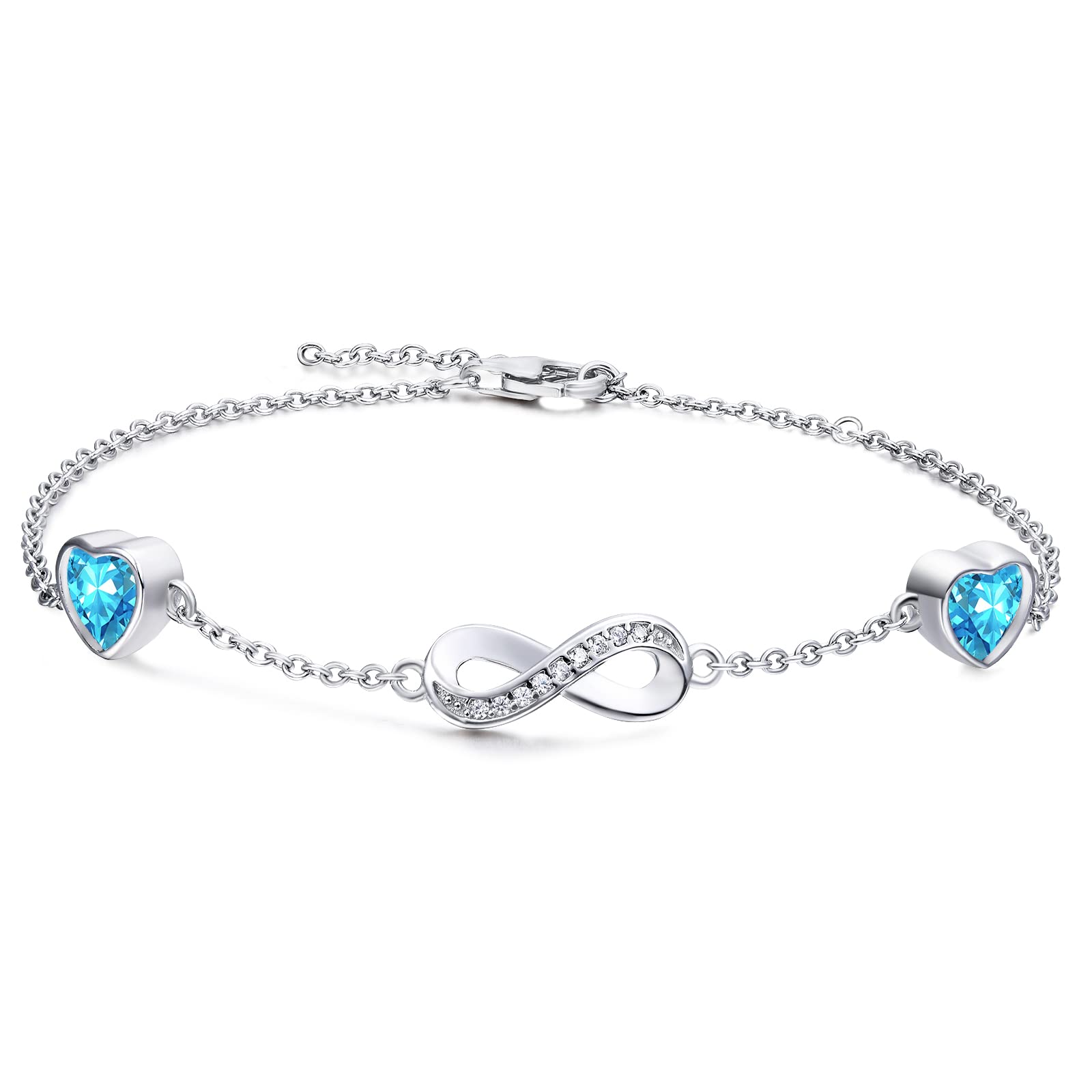 Qings Infinito Pulsera Mujer Plata de Ley 925 Infinito Símbolo Corazón Pulsera Ajustable con Encanto de 2 Piedras de Nacimiento Navidad Cumpleaños Día de San Valentín Joyería Regalo para Niñas Mamá