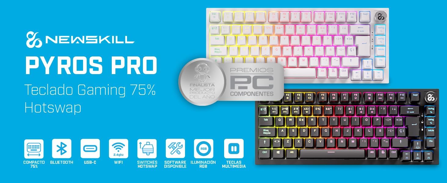 Pyros Pro teclado gaming 75% RGB inal+ímbrico/bluetooth/cable Outemu Red Hotswap - Color Blanco - Tastiera gaming - Immagine 1
