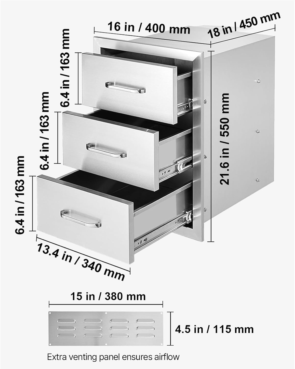 Happybuy Outdoor Kitchen Drawers 16" W x 21.5" H x 18" D, Flush Mount Triple Access BBQ Drawers, Stainless Steel Handle for Outdoor Kitchens or BBQ Islands