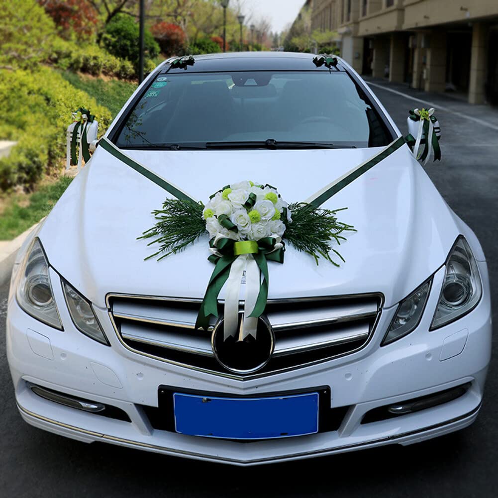 Surakey Décoration Voiture Mariage Fleurs Artificielles Vert Nœud Papillon Ruban Satin Décoration de Voiture de Mariage Romantique Roses Décoration de Voiture pour Mariée Fête de Mariage