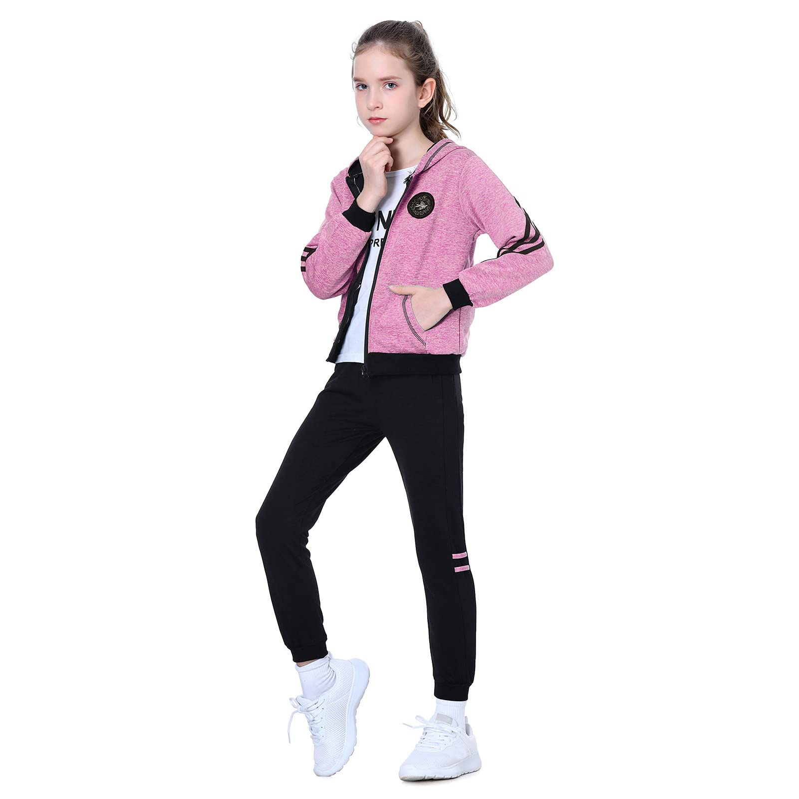 LPATTERN Dziecięcy dres treningowy dla dziewczynek 2/3 szt., zestaw sportowy do joggingu, koszulka + bluza + spodnie sportowe dres do joggingu, różowo-czerwony (3 szt.), 140/9-10 lat