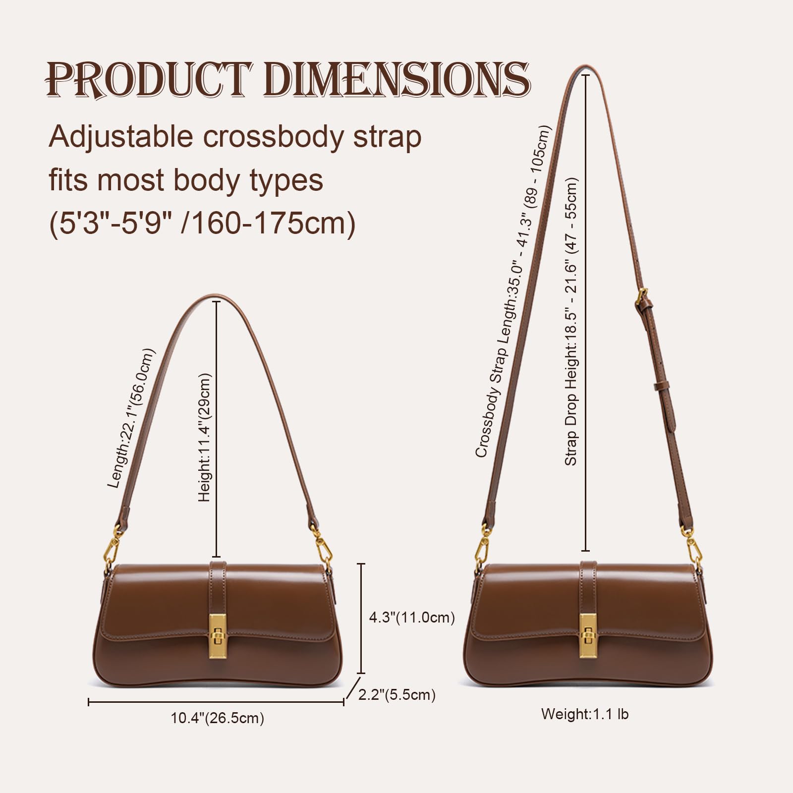 Bolso de hombro para mujer, bolso cruzado de piel auténtica con correas ajustables extraíbles