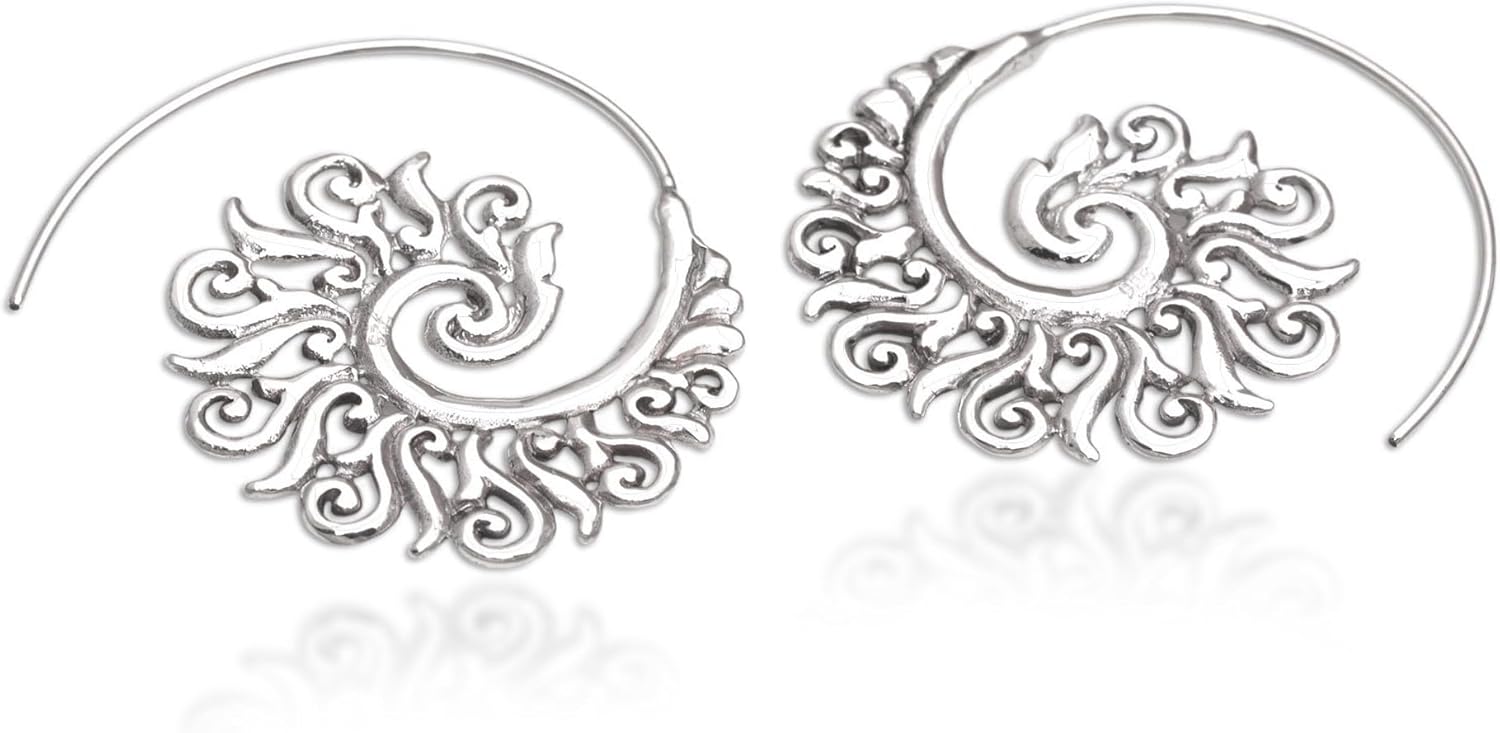 NOVICA Artisan Handmade Sterling Silver Halfhoop Earrings 925 from Indonesia [1.3 in H x 0 in W x 1.1 in D] ' Spiral Beauty'