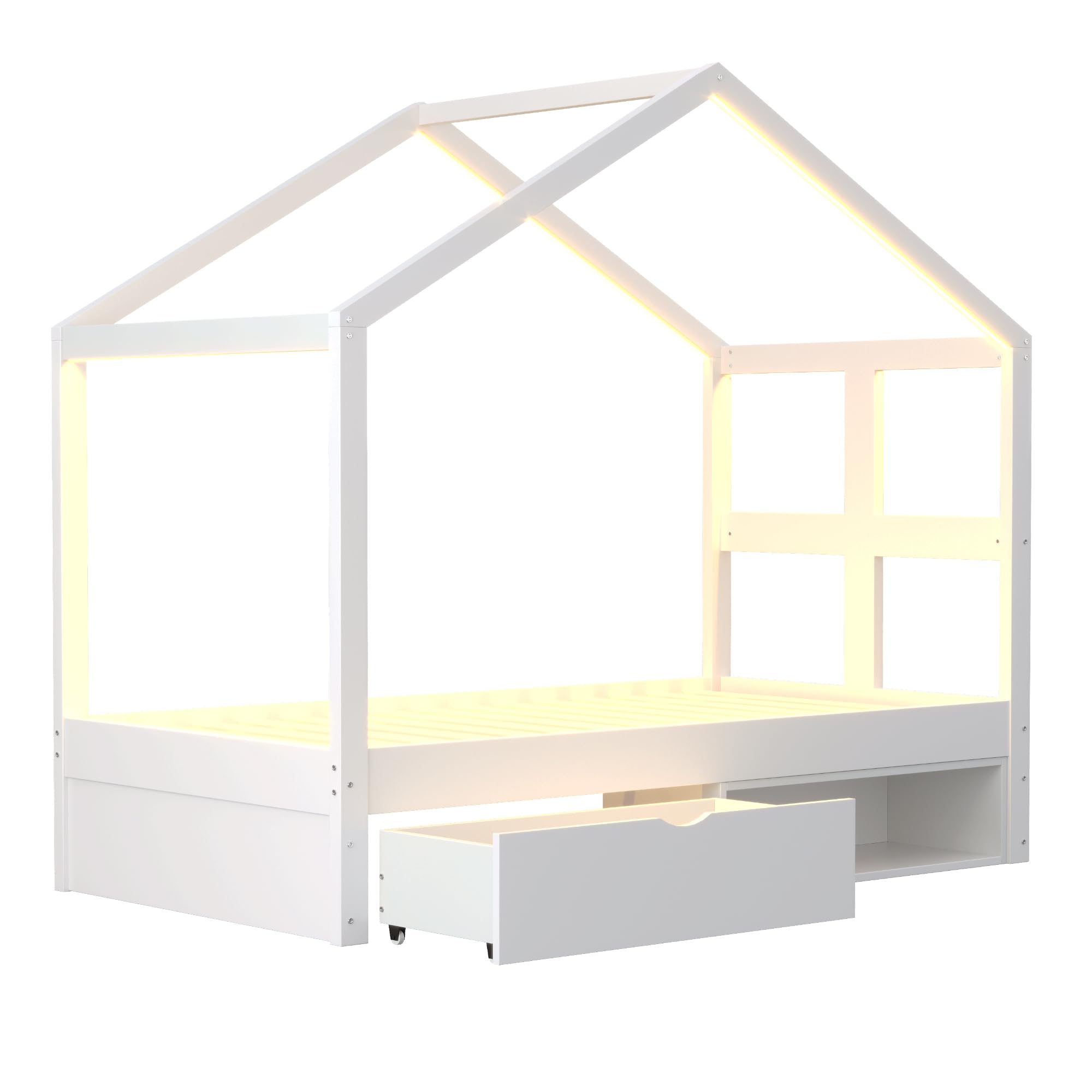 Letto in legno 90 x 190 cm, con cassetti e piccola scarpiera, con illuminazione a LED multicolore, rete a doghe, letto singolo, letto per ragazzi (bianco)