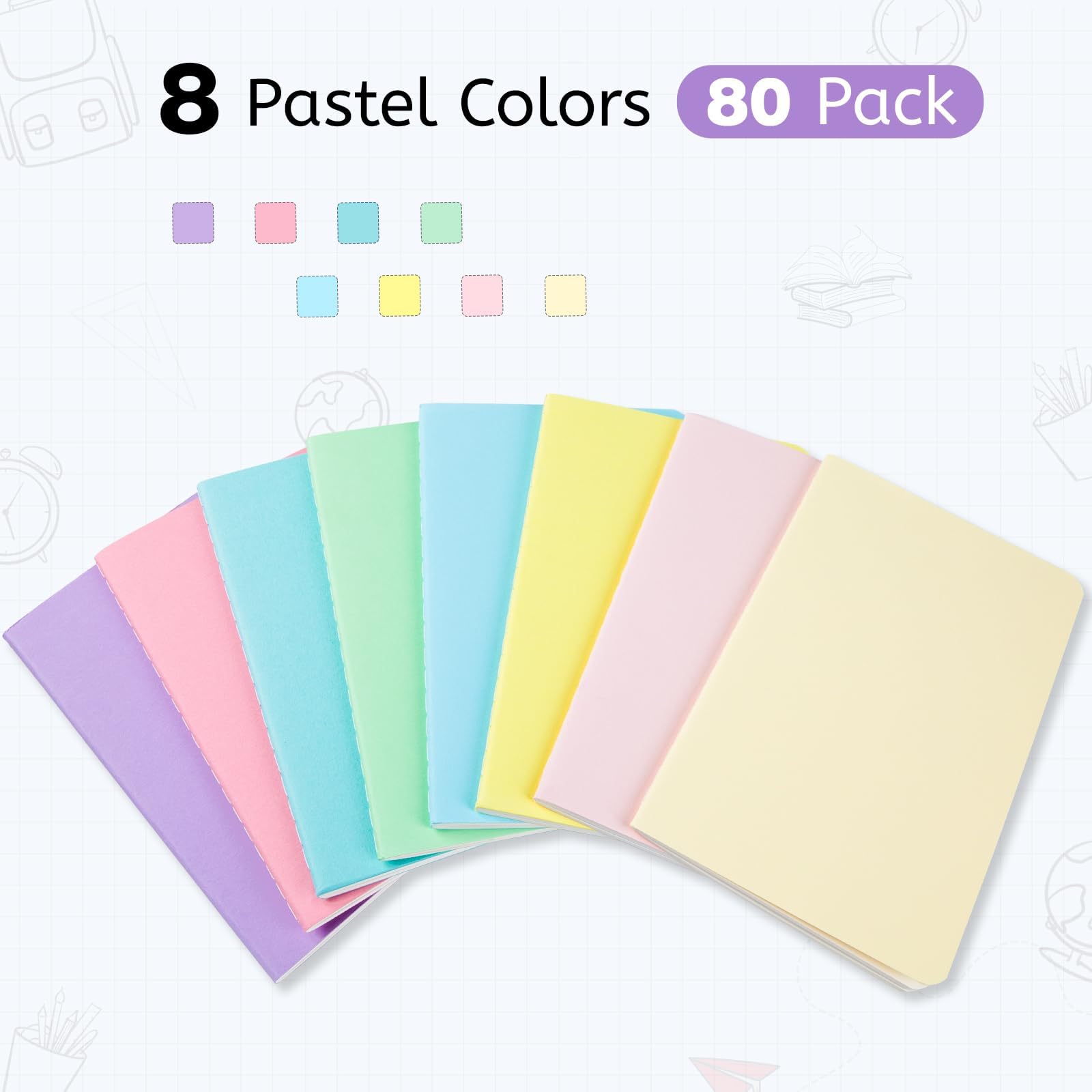 Oucaru Kleines Taschennotizbuch, liniert, 8,9 x 14,9 cm, kleine Tagebücher, Notizblock für Kinder, Studenten, Büro, Schulbedarf, 8 Pastellfarben, 30 Blatt/60 Seiten, 80 Stück
