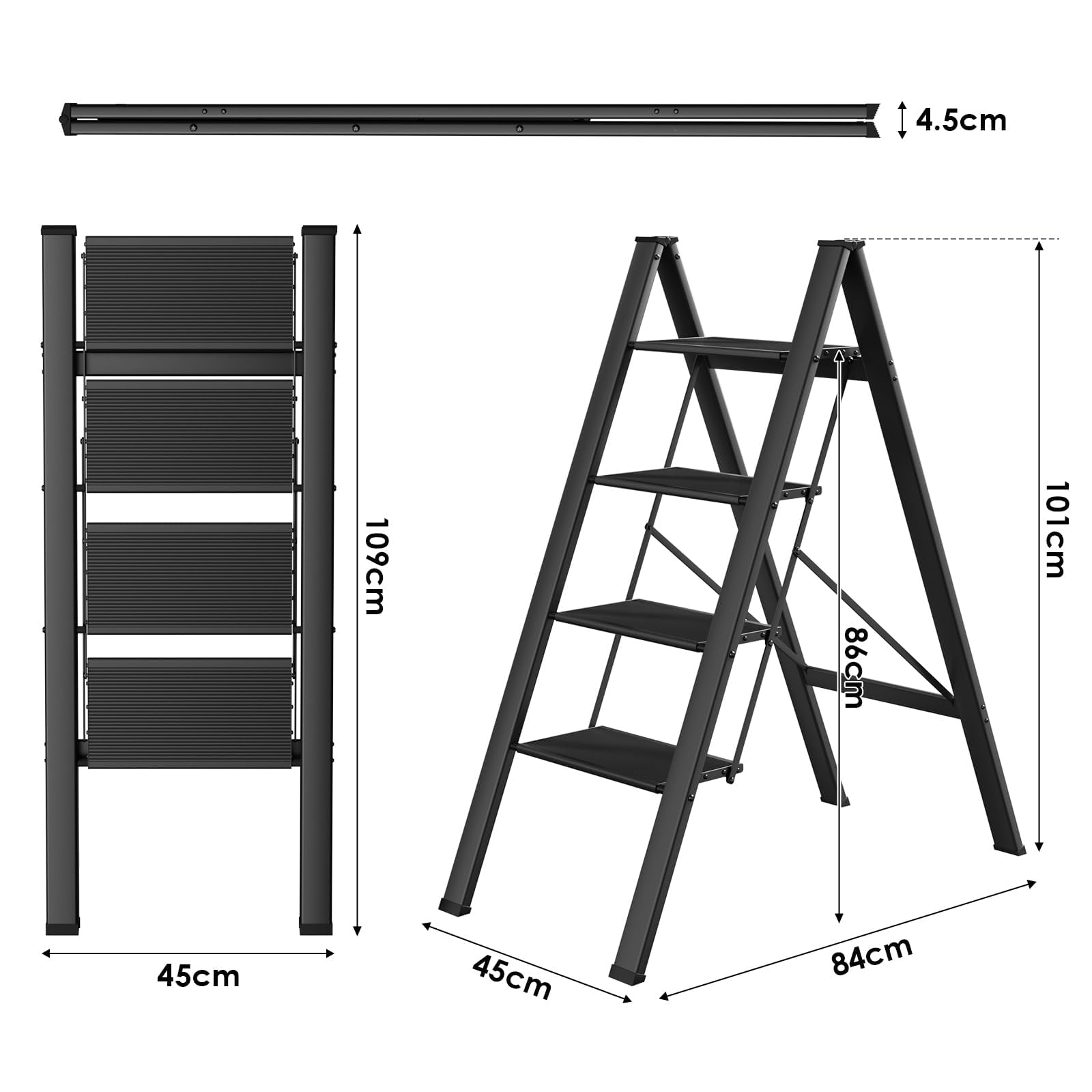 Scala pieghevole in alluminio a 4 livelli, antiscivolo, per casa, scala leggera, portata fino a 150 kg, utilizzata in cucina, casa, ufficio (nero)