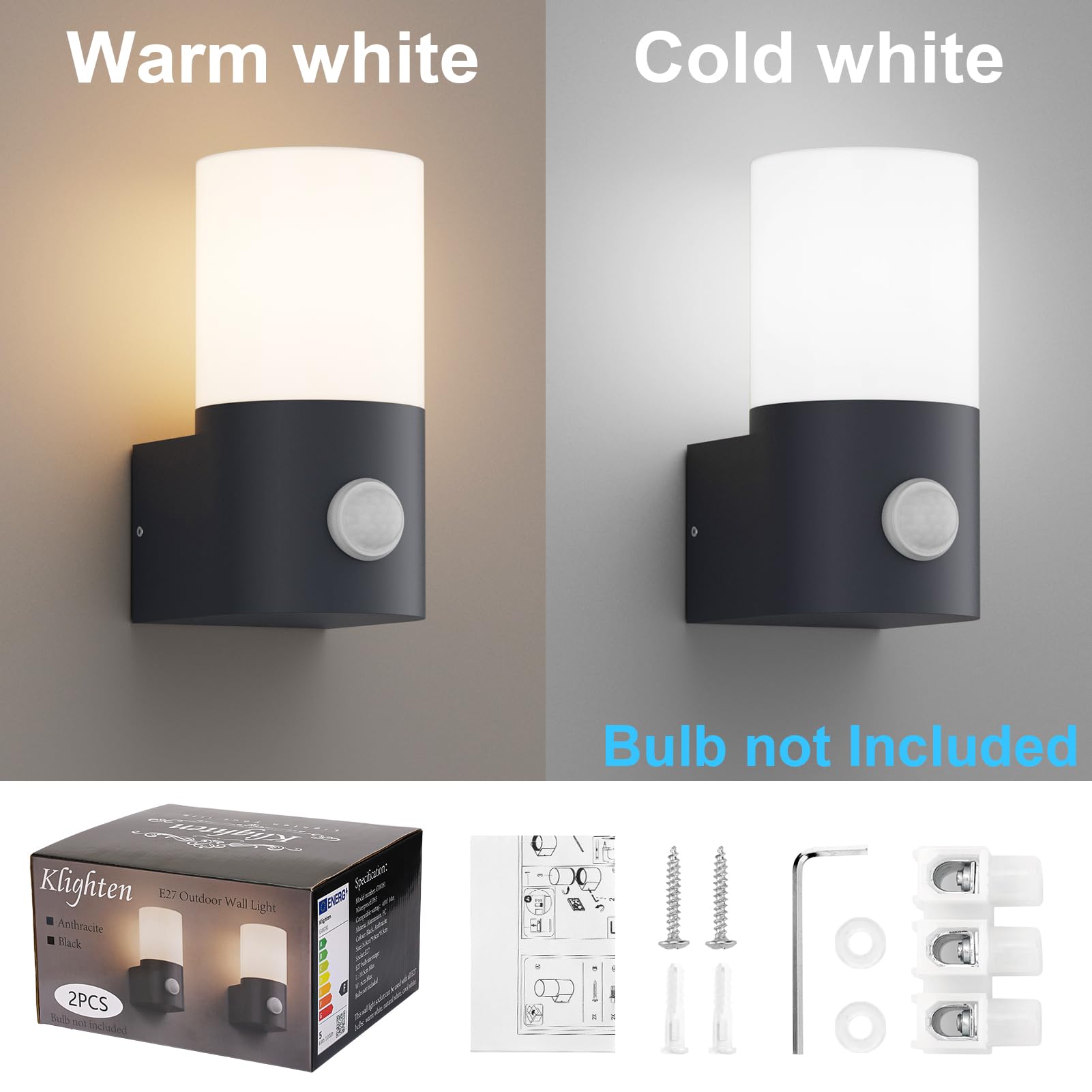 Klighten 2 Stück Wandleuchten Außen Innen, E27 Außenwandleuchte, Außenlampe mit Bewegungsmelder, IP65 Außenleuchte, Aussenleuchte für Eingang Terrass, PC Aluminium, ohne Leuchtmittel, Anthrazit