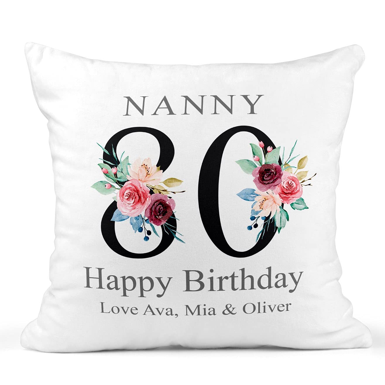 80th Birthday Gift for Women, Personalised Cushion/Pillow with Kids Names and Floral Design, Birthday Gift for Mum, Birthday Gift For Nanny/Grandma, 1941