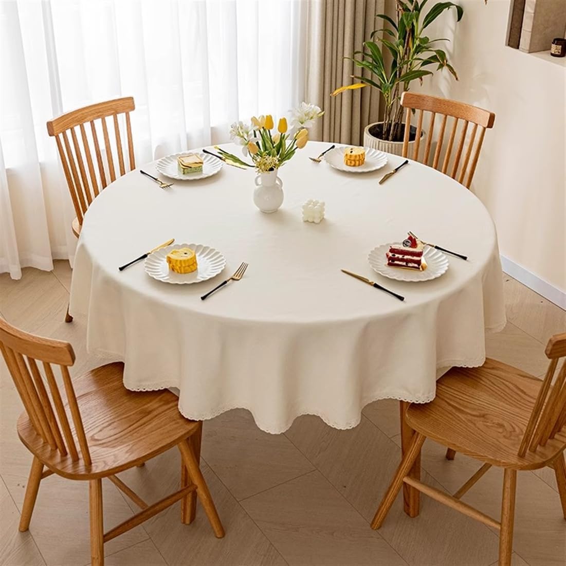 Linen Round Tablecloth Modern Style Solid Color Dust-Proof Table Cover Home Hotel Restaurant Peacock Blue Round 63"