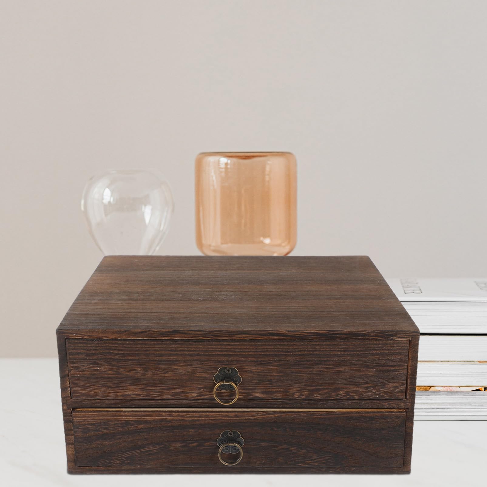 Garneck Boîte Tiroir en Bois Marron Vintage à 2 Niveaux, Boîte de Rangement à Tiroirs Solide et Empilable pour Articles Divers Design Fonctionnel et Capacité de Charge Élevée