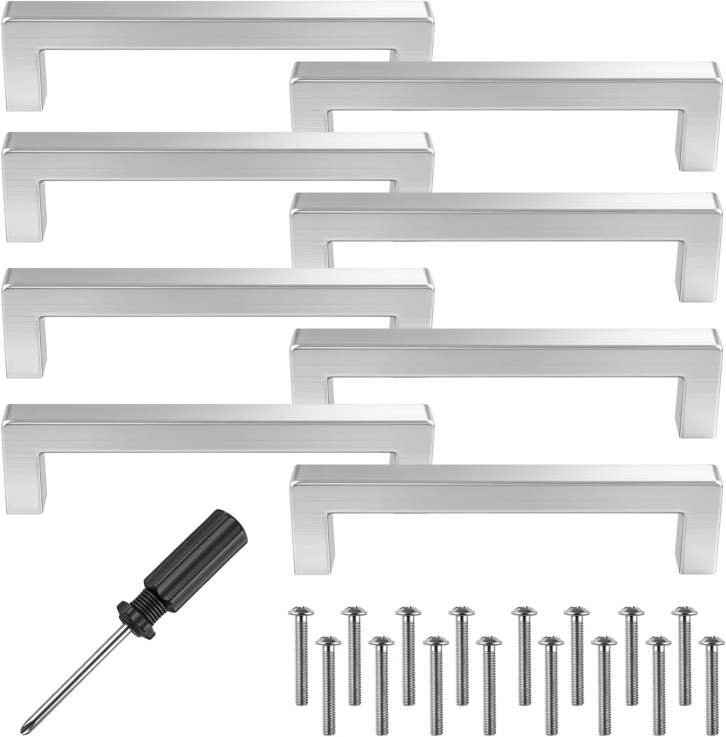 PENCHUAN 8 Pieces Furniture Handles, Stainless Steel Silver Hole Spacing, Square Cabinet Handles with Screws and Installation Tools for Drawer (Silver, 160mm)