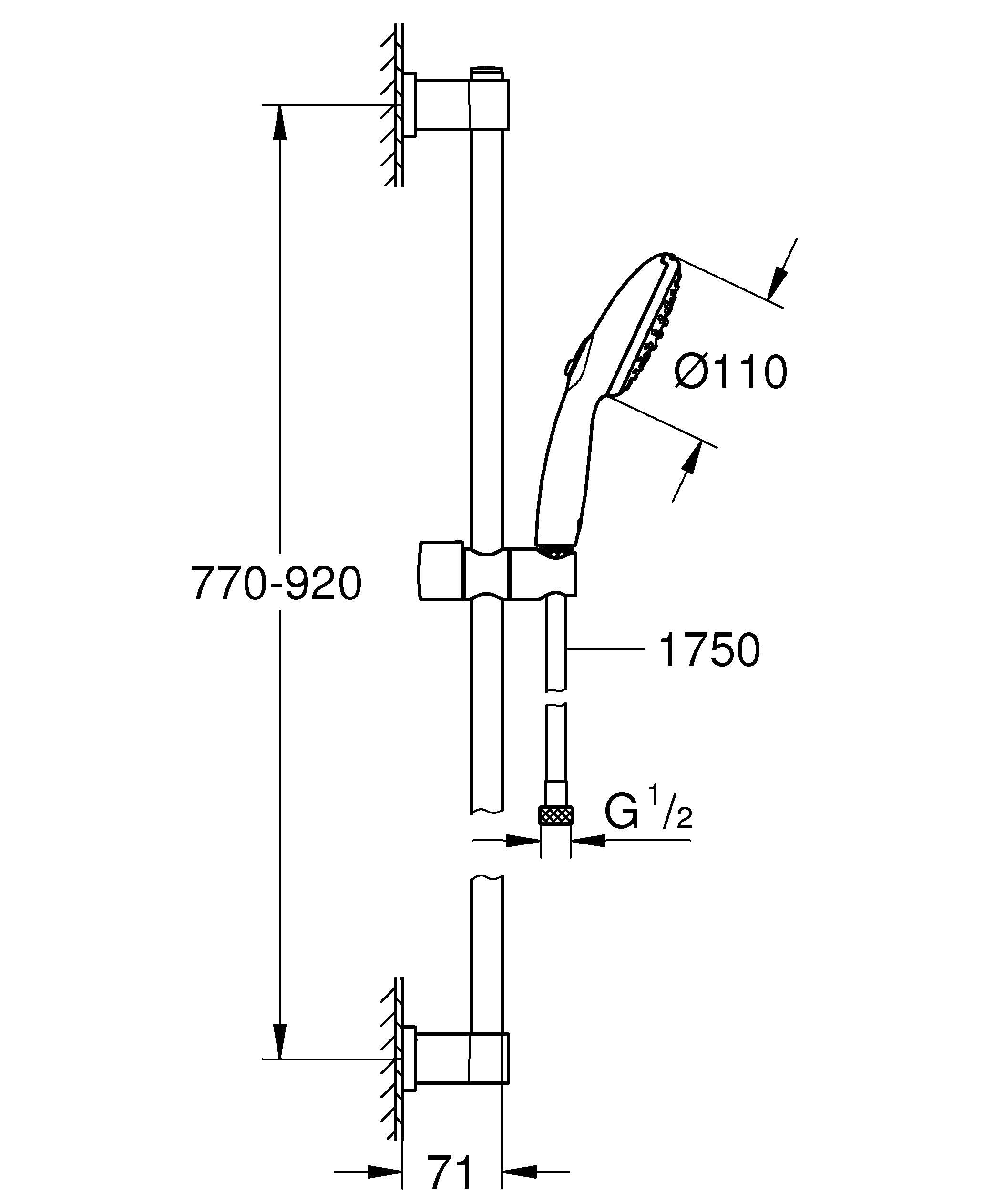 GROHE Vitalio 110, Duschset wassersparend, 8l pro Min (Duschstangenset mit: Duschkopf 2 Strahlarten, 1,75m Schlauch, Duschstange 90cm, zum Kleben oder Bohren, ohne Kleber) rund, schwarz, 269542431