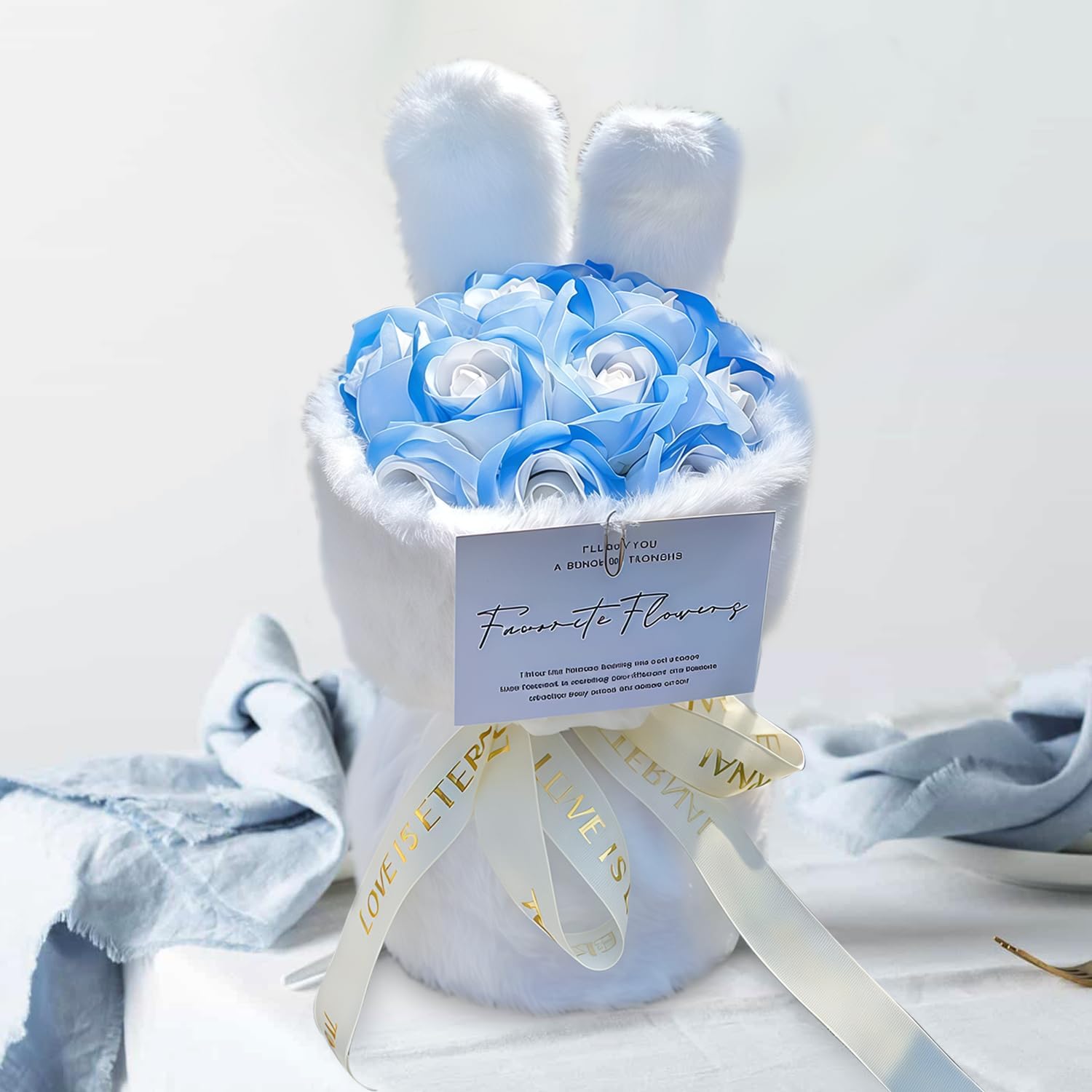 Exquisite Handheld Preserved RoseBouquet -Gifts for Her, Partner& Wife & Mom,Family,Everlasting Flowers for Special Day,Surprising Gift,Plush Flower Box Set with Gift Card,Blue and White,(biue)