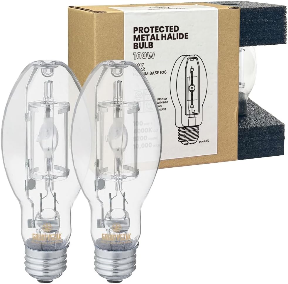 Protected MP100/U/MED 100 Watt Metal Halide EDX17, Medium Base(E26), Dusk to Dawn Bulb, 4000K, 9200 Lumen, ANSI Code M90 Clear Bulb 2 Pack 100W 4000K E26 Medium Base EDX17 2 PACK