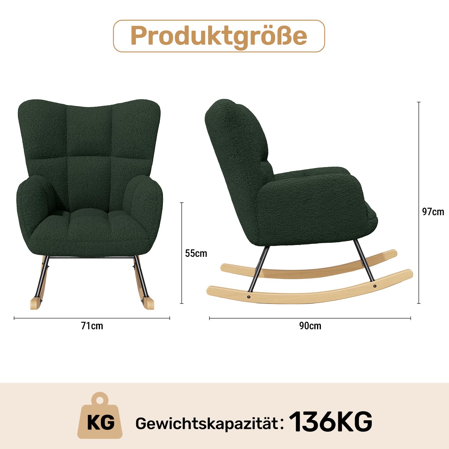 Hawthyhome Schaukelstuhl Relaxstuhl Sessel Stuhl Wohnzimmersessel, Schaukelsessel Gepolsterter Schwingsessel bis 136 kg belastbar Dunkelgrüne Lounge Chair fürs Wohnzimmer Schlafzimmer Balkon