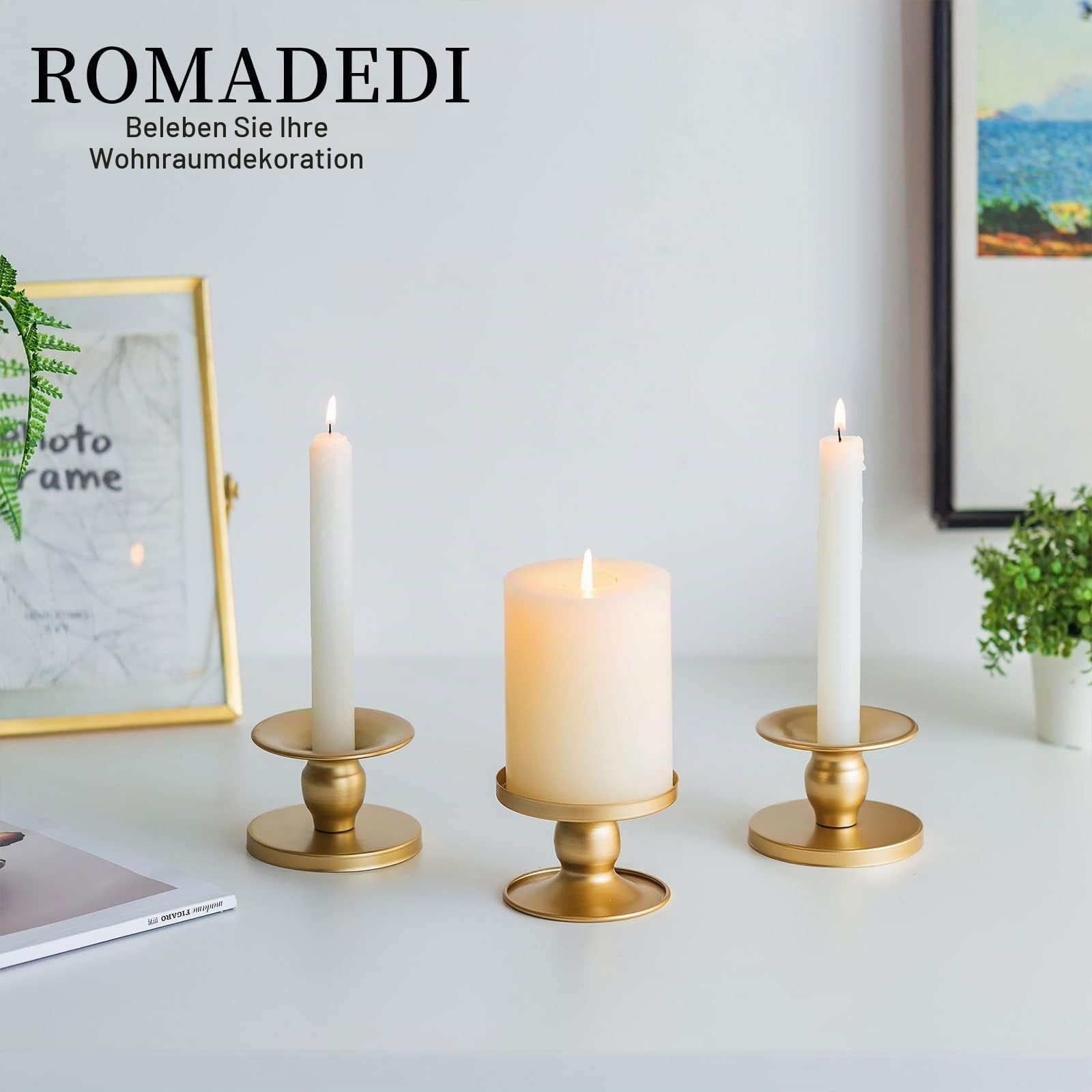 Romadedi Kerzenständer für Stab- und Stumpenkerzen, 12er-Pack, Gold | Beidseitig nutzbar, 5,6 cm hoch; für Stabkerzen bis Ø 2,2 cm und Stumpenkerzen bis Ø 7,6 cm; aus goldfarbenem Metall