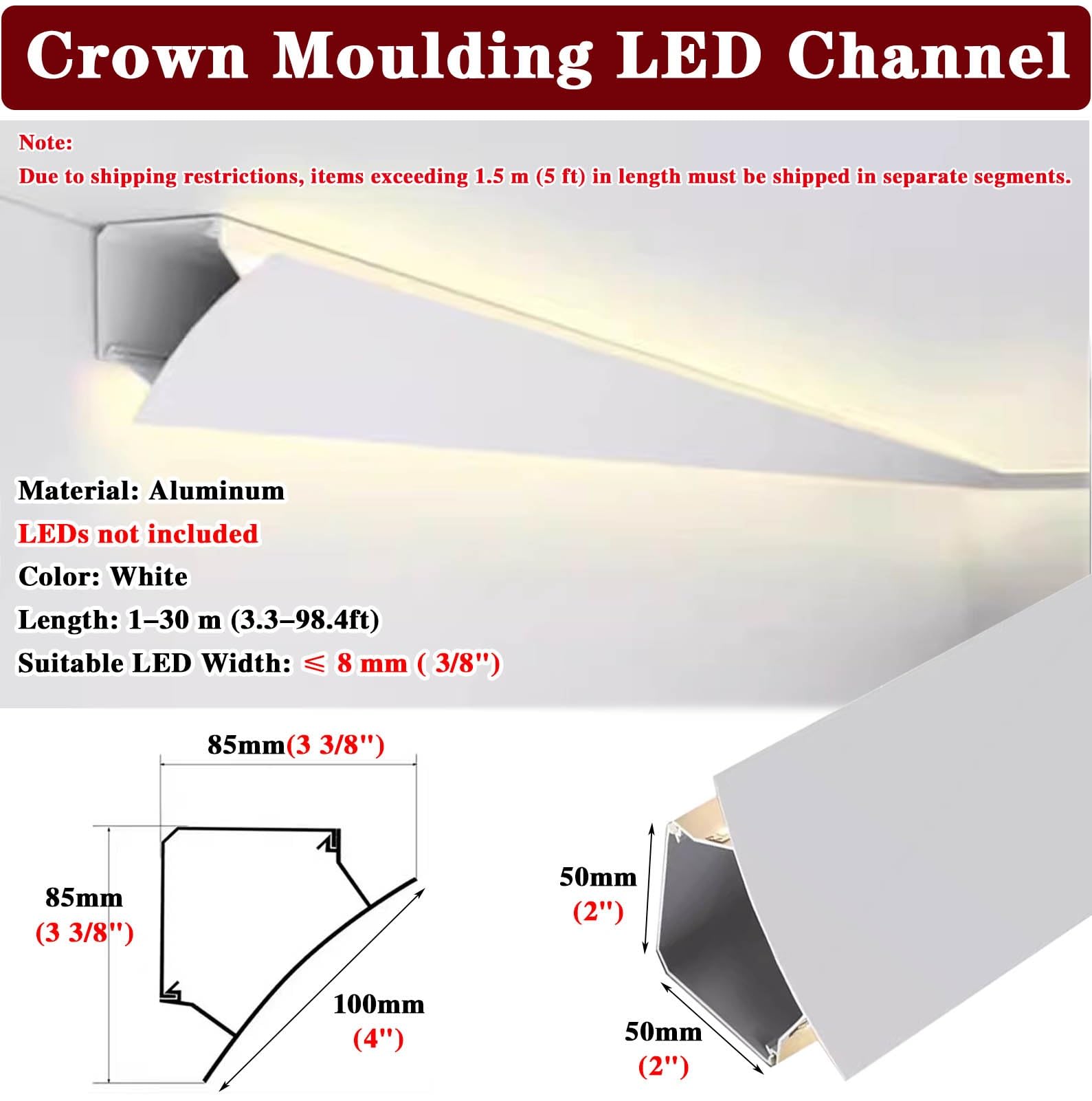 Profilo Angolare LED Cornice per Illuminazione Indiretta z Parete e Soffitto, Diffusore per Strisce LED, Cornice Decorativa a Doppio Profilo, con Raccordo Angolare(5ft(1.5 m))