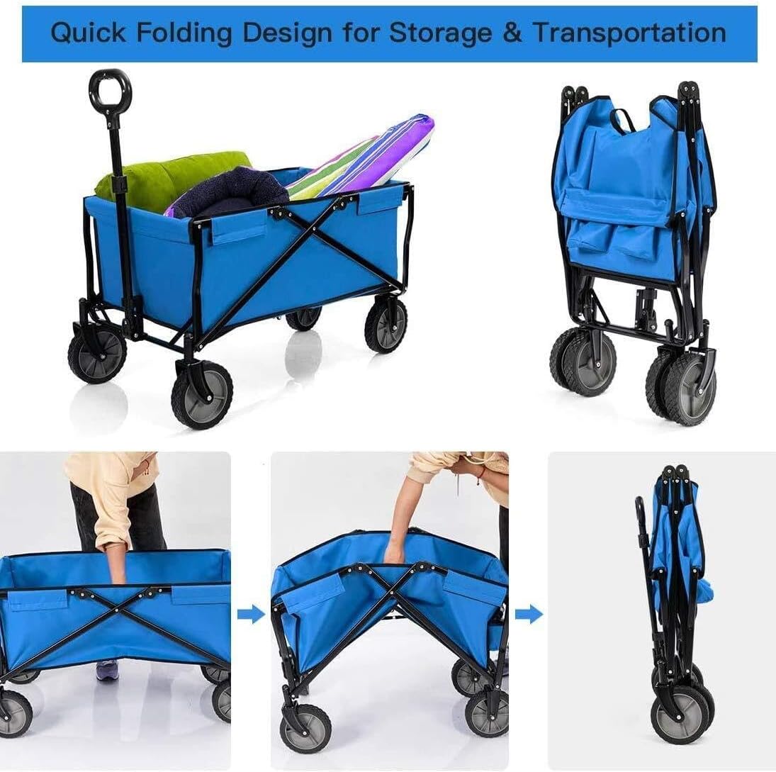 Heavy Duty Outdoor Foldable Utility Wagon with Retractable Handle, 286 lbs Capacity, Portable Garden Cart (Blue)(White)