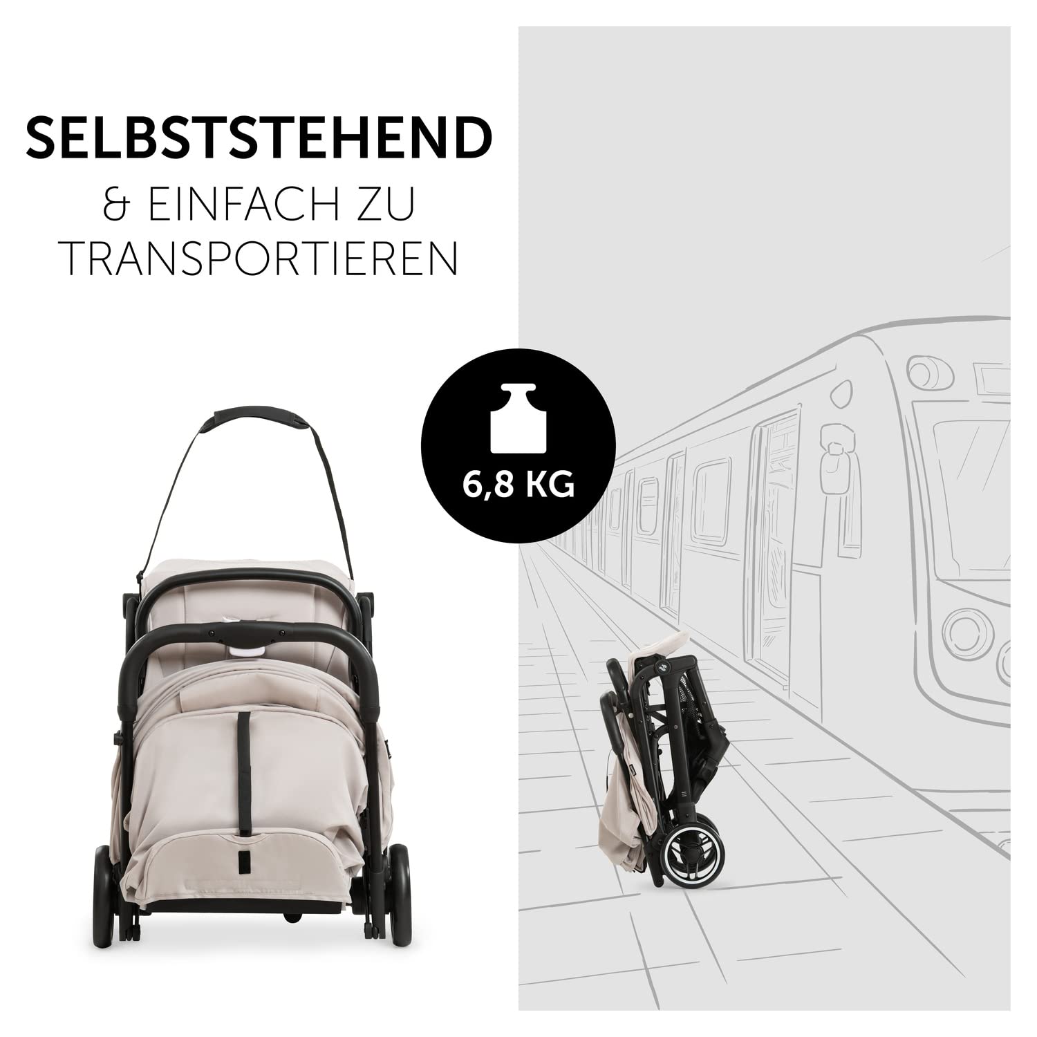 hauck Reisebuggy Einhändig Klein Zusammenklappbar, Travel N Care Beige | Leichter Buggy mit Tragegurt 6,9 kg, Sichtfenster, Liegeposition ab Geburt bis 22 kg, UV-Schutz 50+, pannensichere EVA Räder