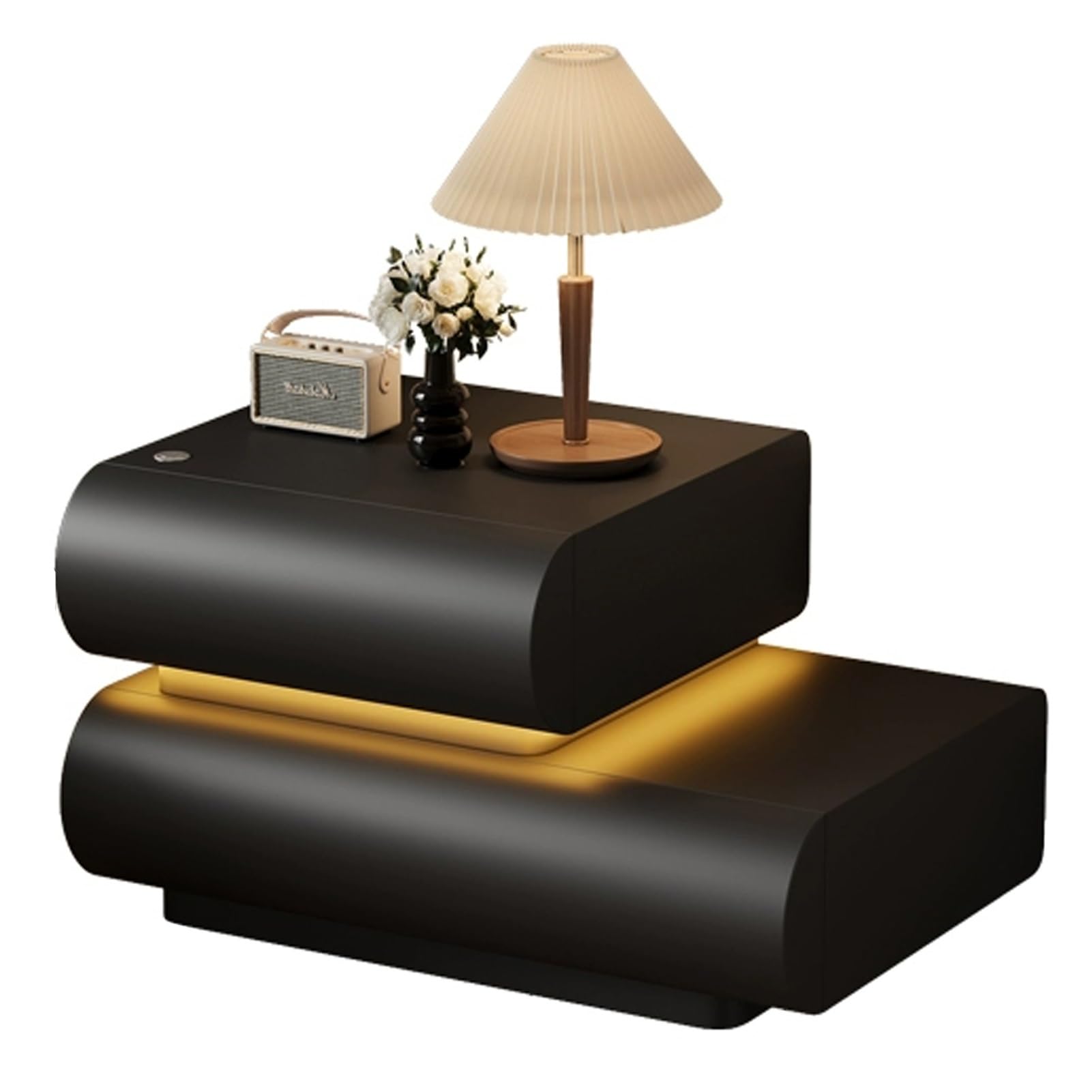 Comodino Moderno, Inteligente Mesitas de Noche, Comodino In Microfibra, Leggero, Lussuoso e di Alta Qualità, con 2 Cassetti In Legno Massello, for Camera da Letto(Black Left)