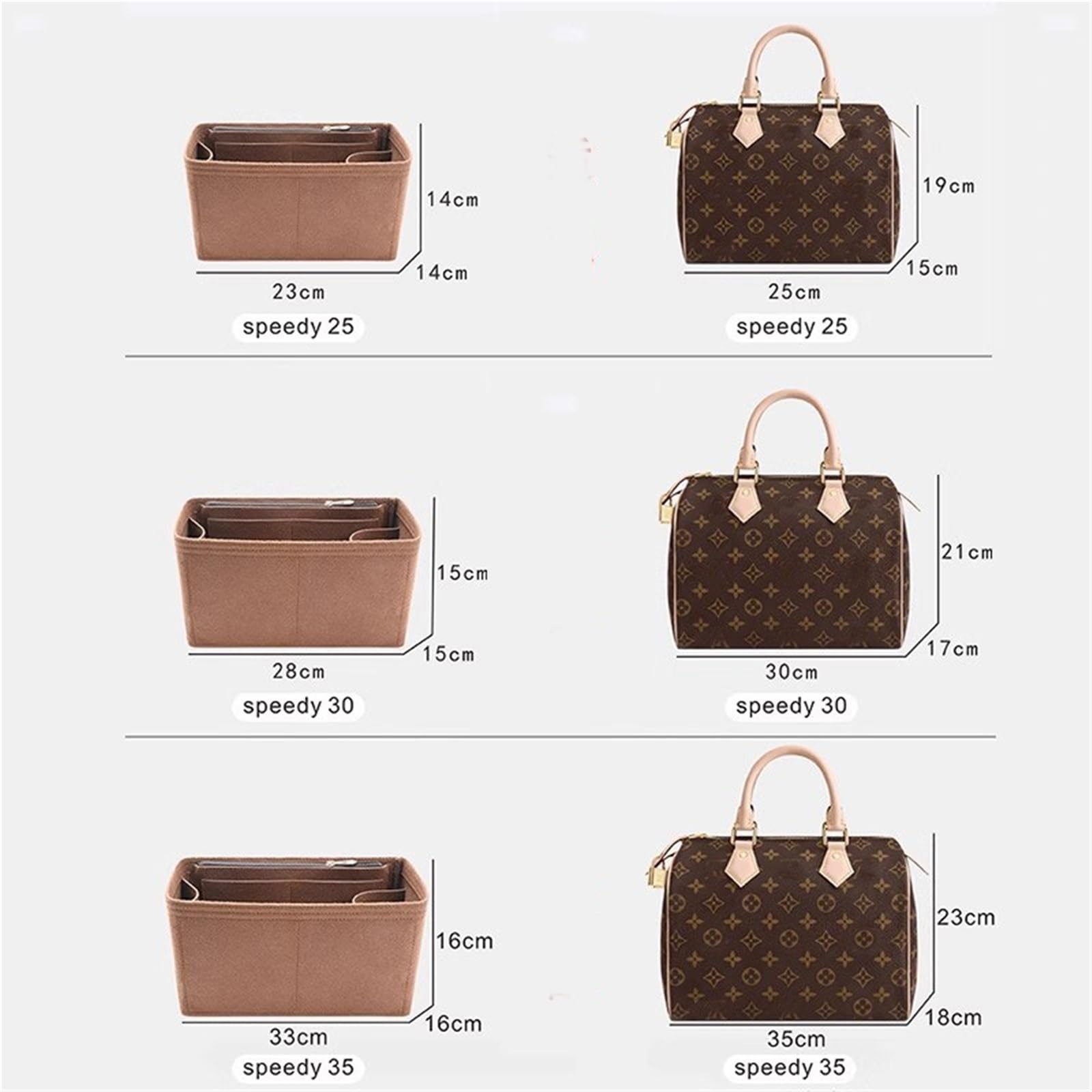 Organizer tascabile in feltro per borsa LV Speedy 25 30 35, tasca interna sagomata, borsa cosmetica portatile da viaggio(Brown a,For speedy30)