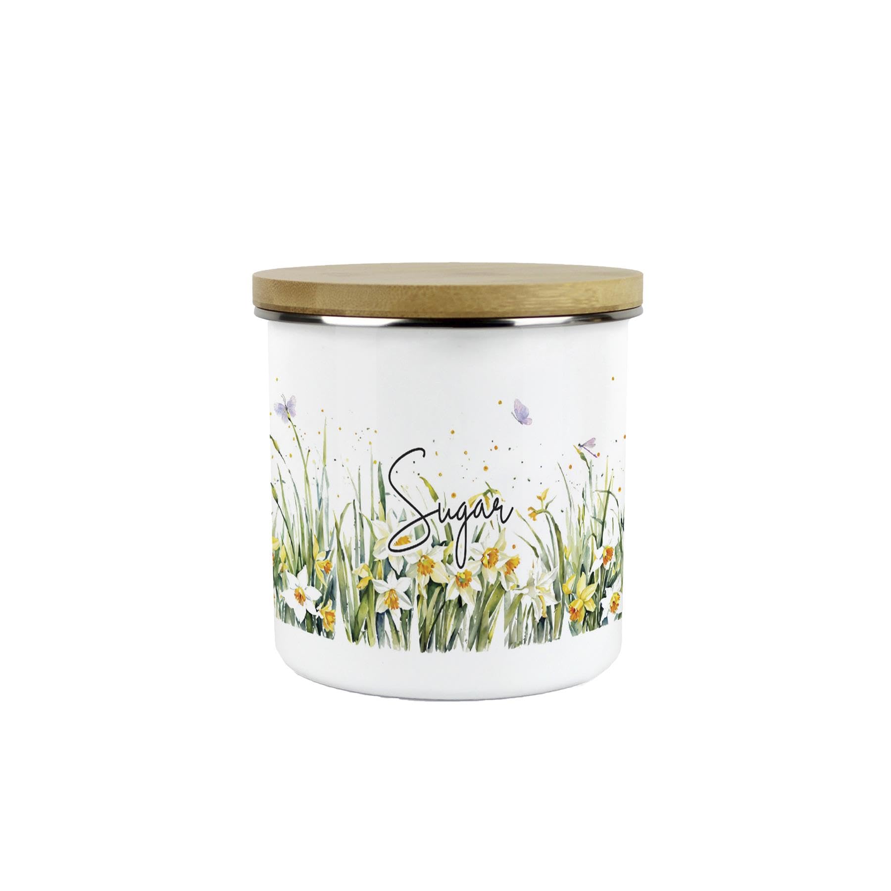 Purely Home Spring Daffodils Sugar Storage Canister - Floral Nature Metal Enamel Hot Drinks Storage Container