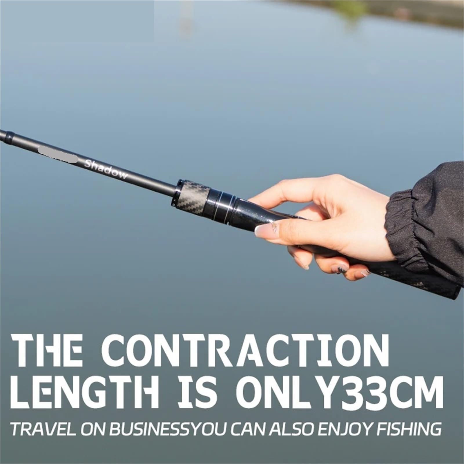 Canna da spinning nera Mini Shrink 33 cm con esca portatile, sezione corta, pesca telescopica in carbonio ultraleggera di media potenza