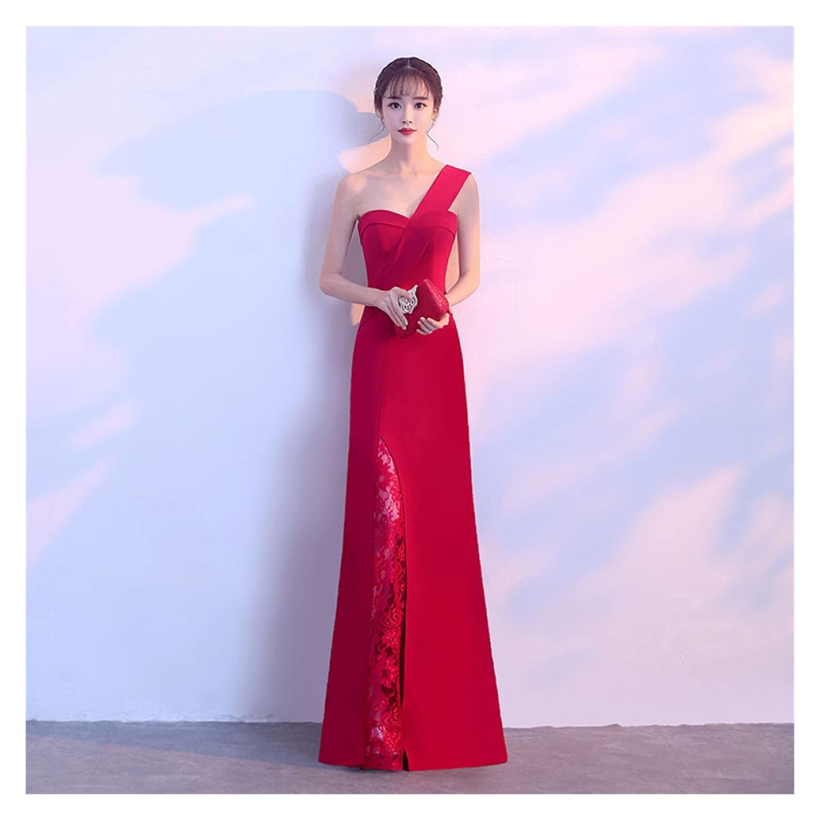 HAKAESR Women's Dresses Long Section Party Dress New Banquet Dress Korean  Version Of The Sexy Slim One-shoulder Dress Female Party Dress wedding dress  (Color : Red wine, Size : 6 is) :