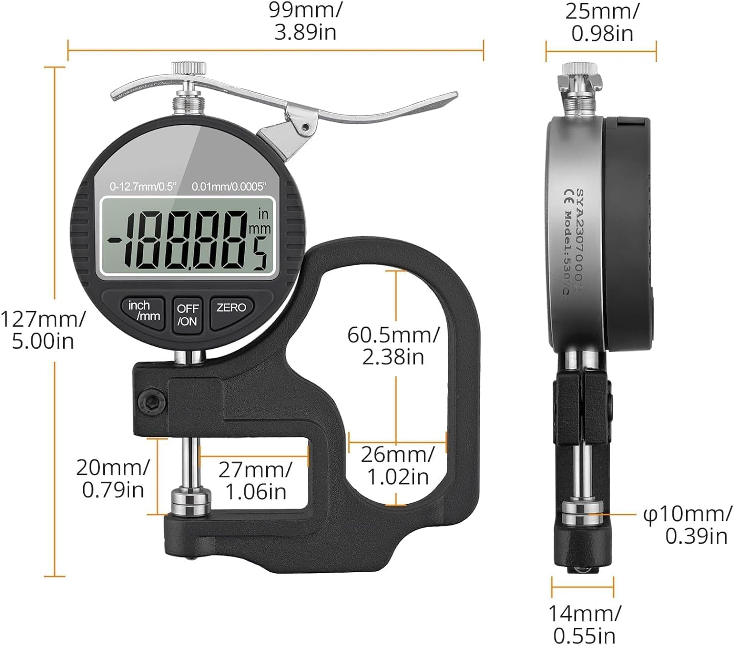 AVIRATH ENTERPRISE Digital Thickness Gauge with Lever Handle – Electronic Micrometer Measuring Tool (0–12.7mm / 0.5 Inch) with LCD Display, 0.01mm Accuracy, Inch/MM Conversion (12.7mm)