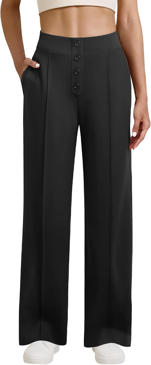 Womens Wide Leg Business Casual Pants High Waisted Button Pull On Dress Work Pants with Pockets