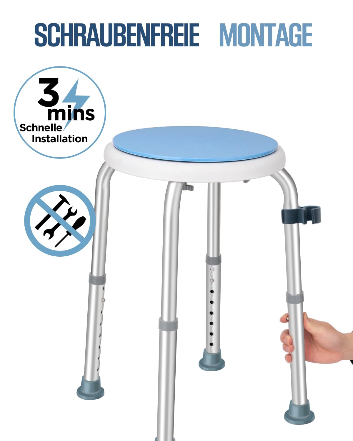 Runder Duschhocker, Duschstuhl für Senioren 150KG Belastbar, Höhenverstellbar 33-52cm, Aluminium Duschsitz, Badestuhl, Badehocker für Badewannen