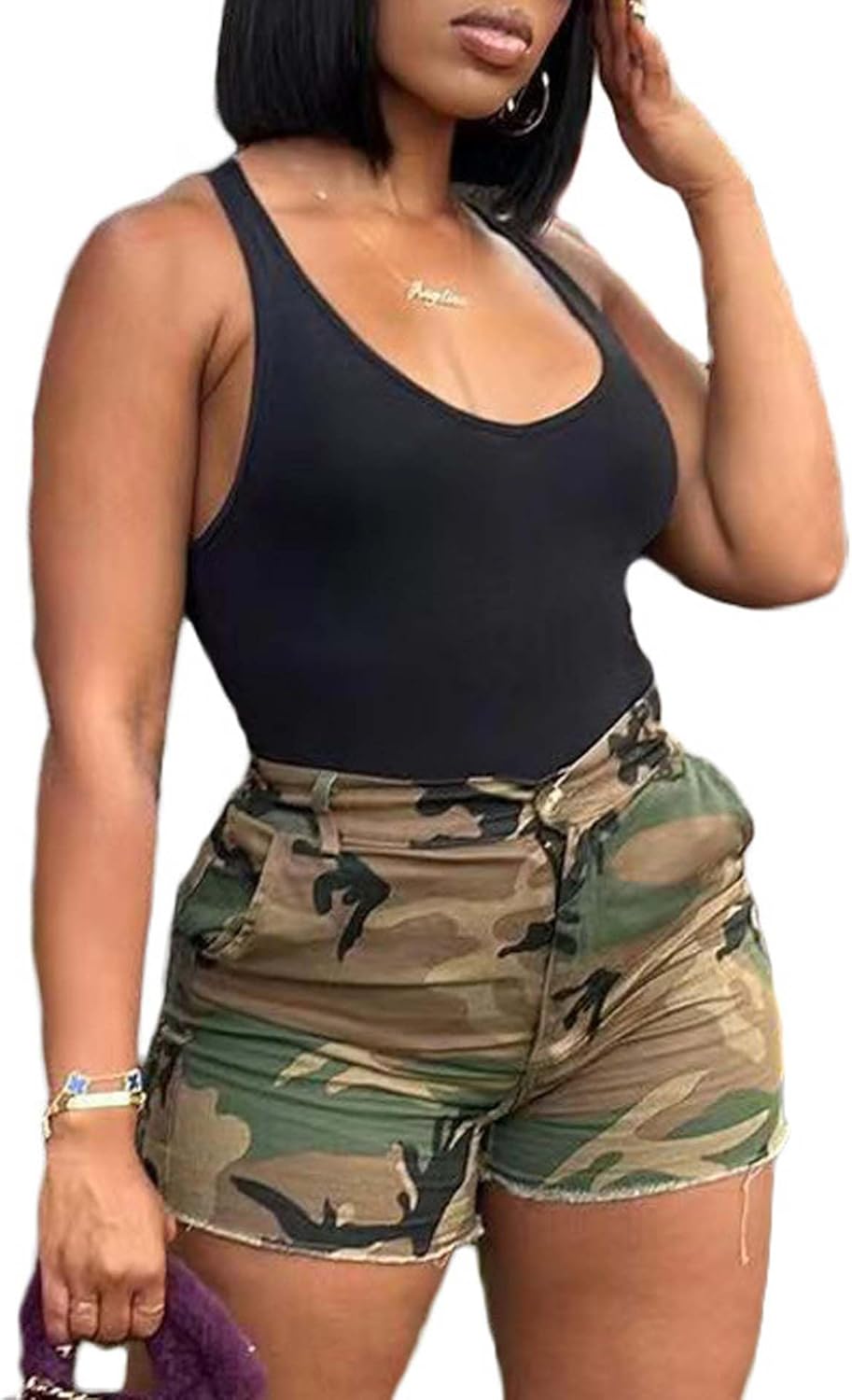 SEMATOMALA Women’s Camouflage Cargo Shorts Elastic High Waisted Ripped Frayed Stretchy Jeans Shorts with Pockets