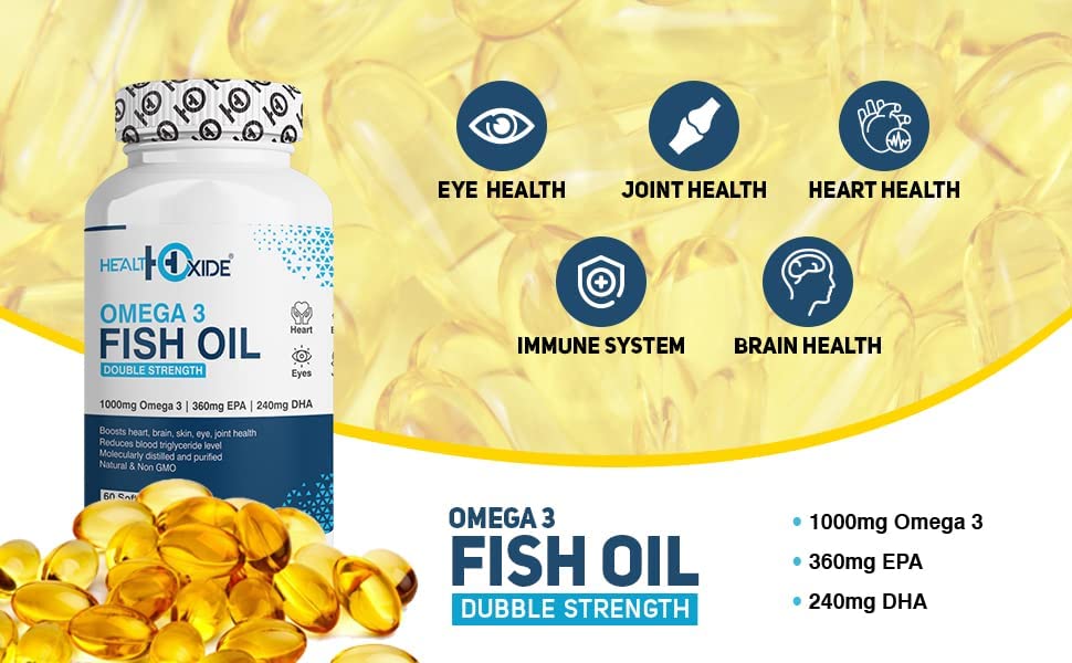 Image of HealthOxide Omega-3 Fish Oil 1000mg with 360mg EPA & 240mg DHA | Double Strength Burpless Omega 3 Softgels for Heart Brain Eye & Joint Support | Mercury Free Keto Friendly Fish Oil | 60 Capsules