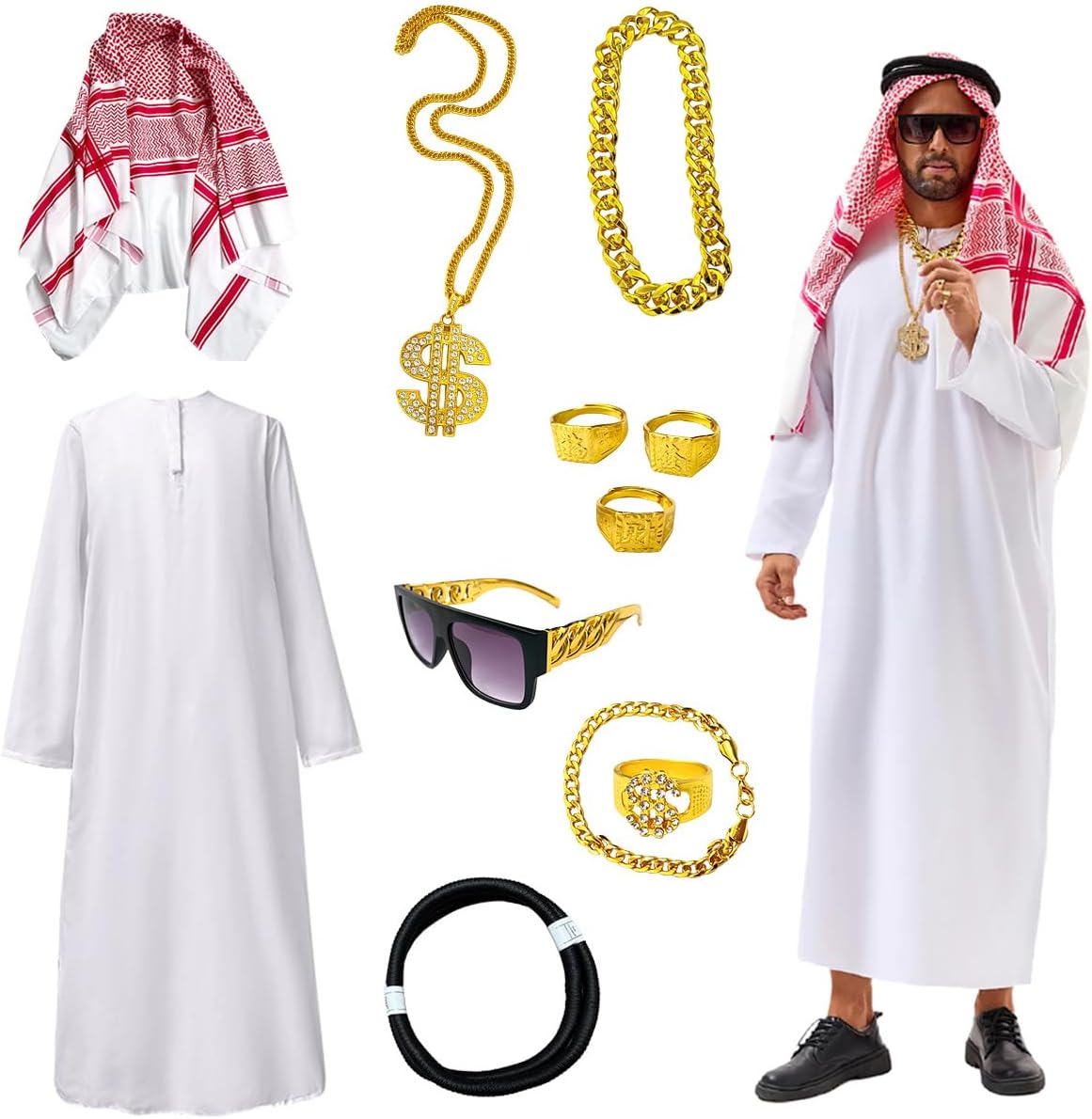 Men's Arab Costume Middle East Muslim Robe Adult Dubai Halloween Costume with Decoration Set