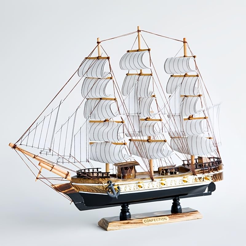 TrenzyFind Vintage Wooden Sailing Ship Model, Handcrafted Nautical Decor with White Sails, Golden Accents, Wood Base, 43cm Length, Confection Display Model