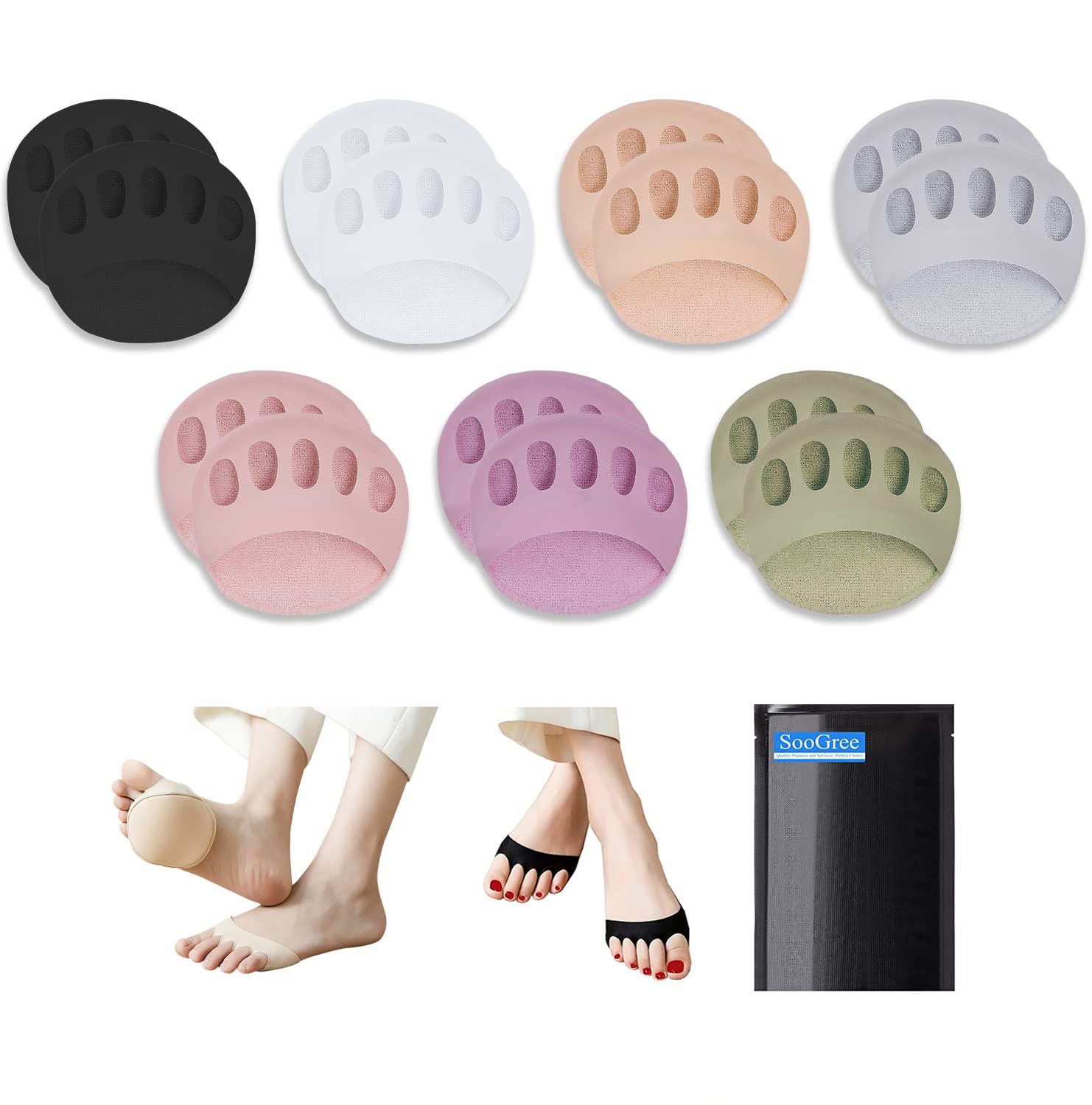 Ball of Foot Cushions (7Pairs Color) - Metatarsal Pads Invisible Socks for Women and Men Soft Gel Ball of Foot Pads Reusable Cushions for Pain Relief Forefoot Pad