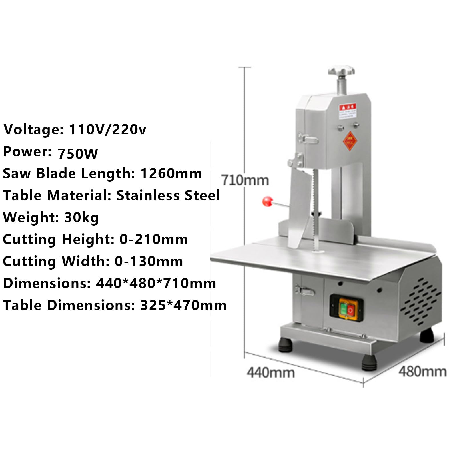 Sega a Nastro per Il Taglio della Carne, Sega Elettrica per Ossa da 750 W per Macellazione con Banco da Lavoro in Acciaio Inossidabile da 47 X 32,5 Cm, Spessore di Taglio da 0 a 13 Cm